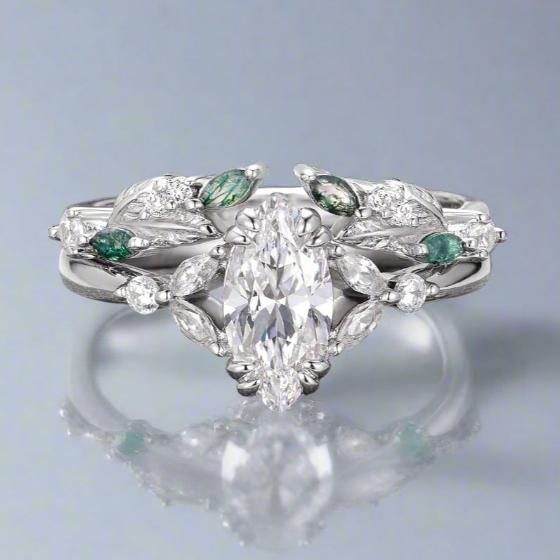 Green Moss Agate & Cubic Zirconia Leaf Ring Set in Sterling Silver - Elegant Nature-Inspired Jewelry for Women, Perfect for Weddings, Parties & Everyday Wear
