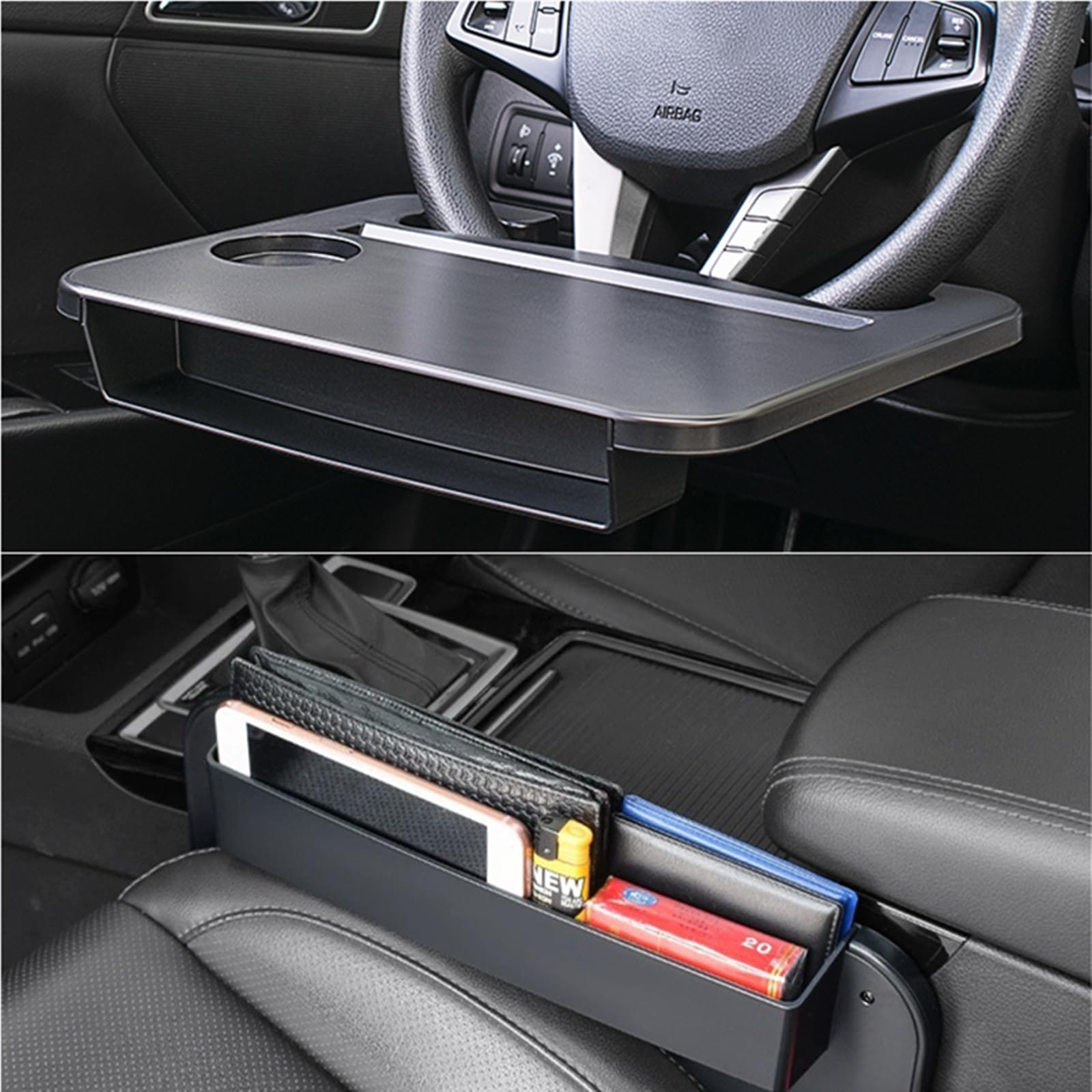 2 in 1 Car Steering Wheel Tray & Seat Gap Organizer - Multi-Purpose Laptop Mount, Food Tray & Storage Solution for Eating, Working & Road Trips - Essential Travel Car Accessories for Adults (Perfect for Commuting, Office on the Go & Long Distance Travel)