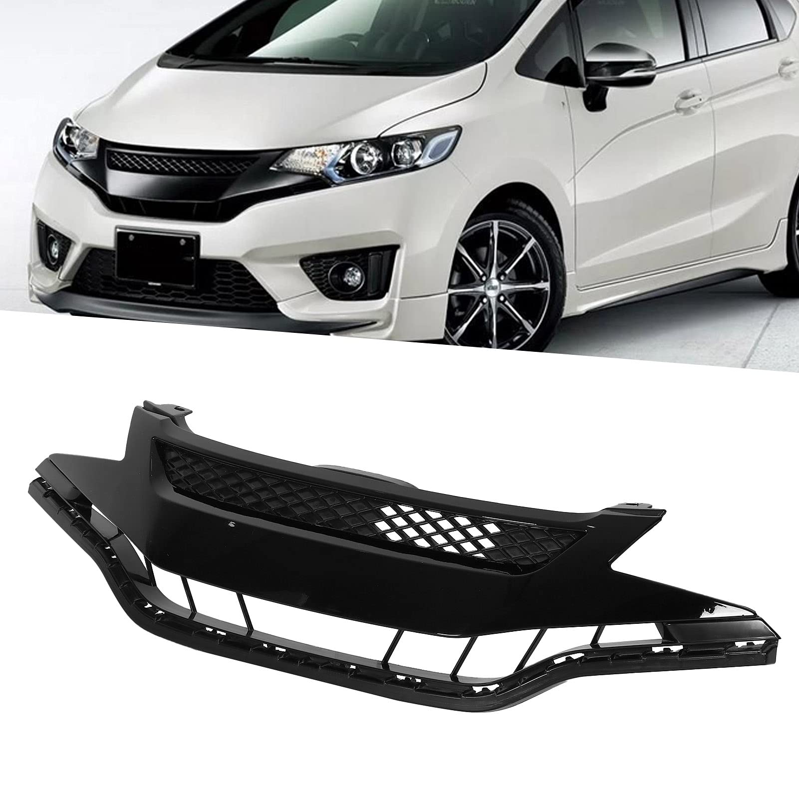 Mugen Style Front Bumper Grille Mesh Replacement for Honda Jazz/Fit 2014-2017 | Durable ABS Plastic Car Styling Upgrade | Perfect for Customization & Performance Enhancement