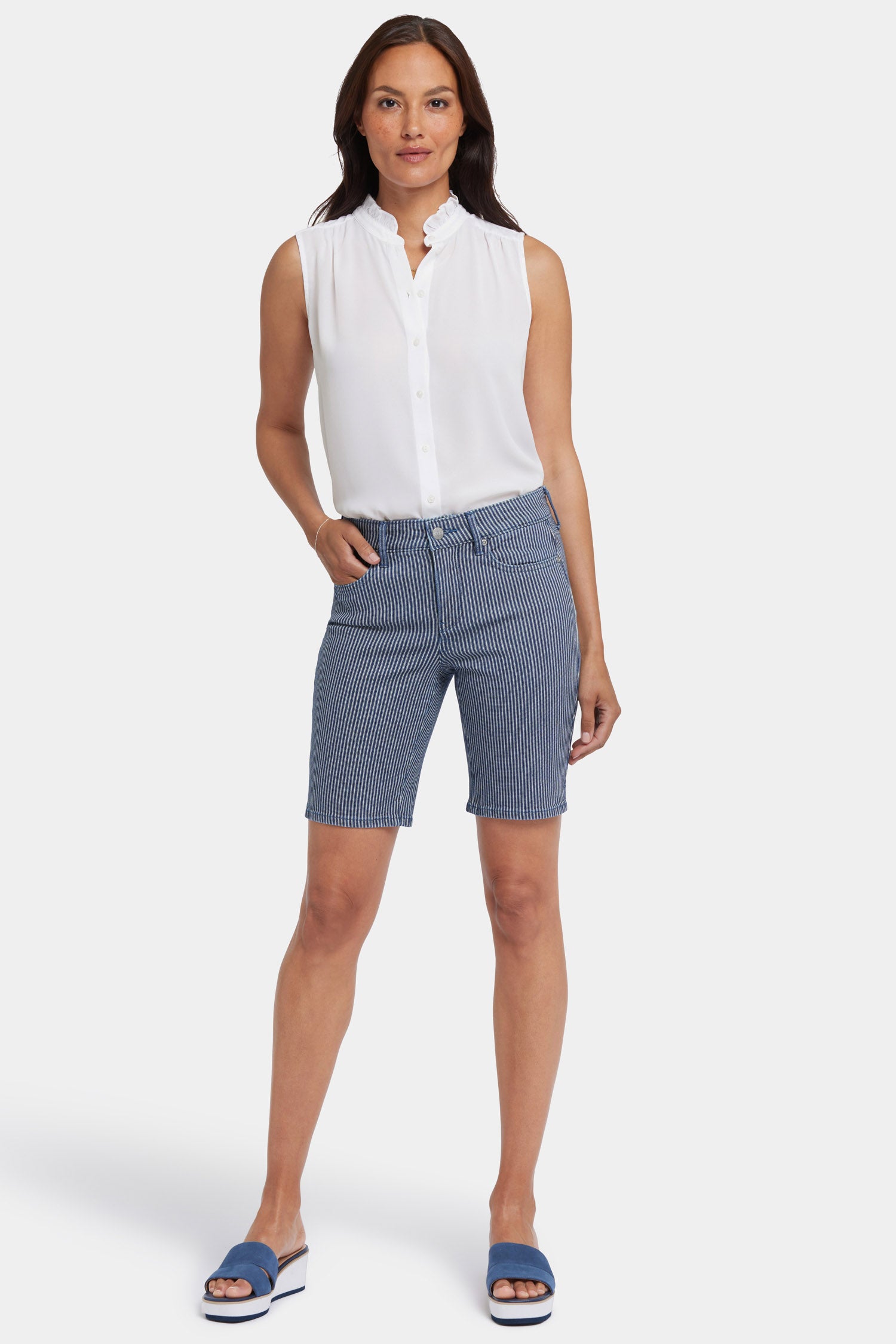 Ella Denim Shorts - Malaga Stripe High Waisted Distressed Denim Shorts for Women | Casual Summer Outfits & Beach Vacations