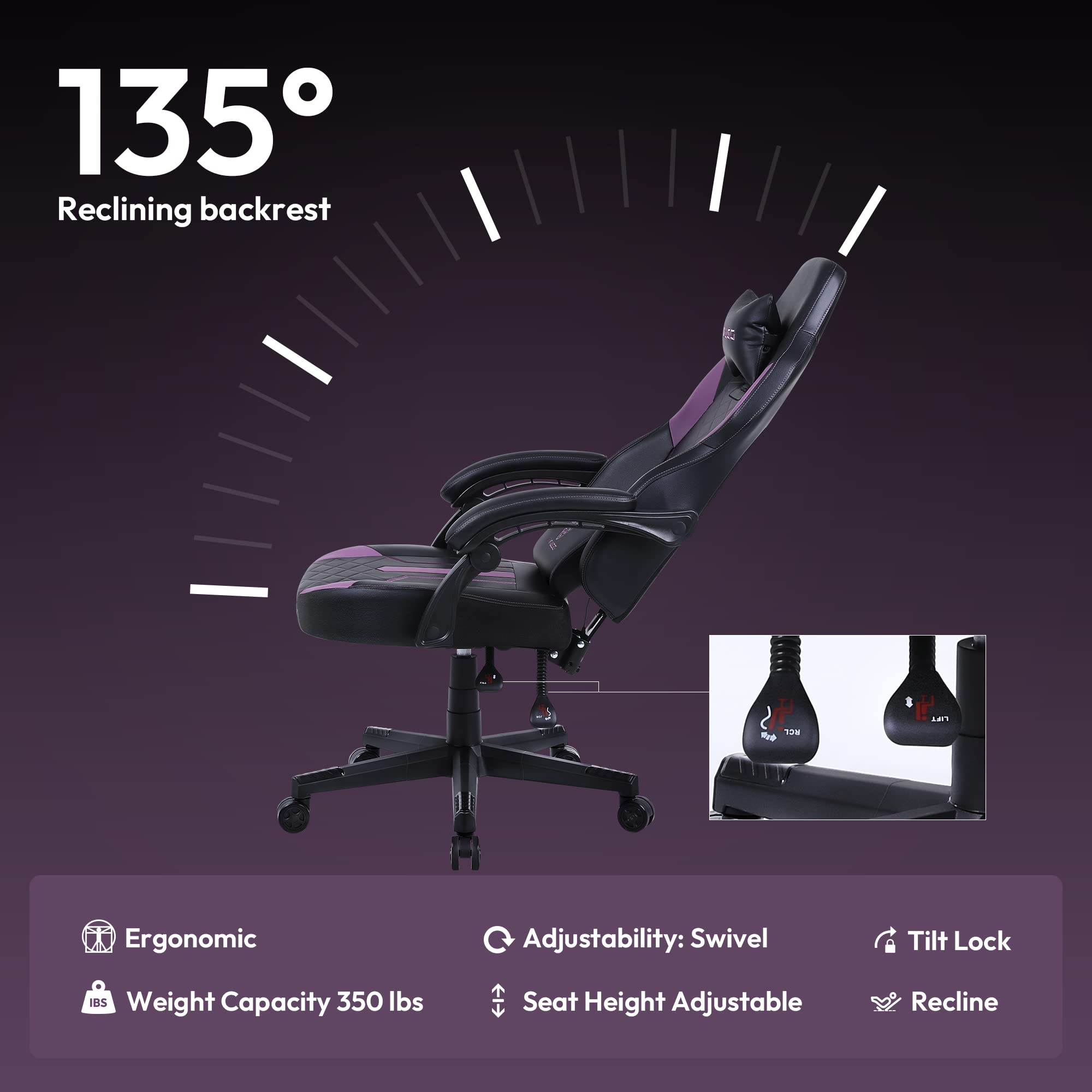 Dowinx Ergonomic Gaming Chair with Pocket Spring Cushion - High Back PU Leather Computer Chair, 350LBS Capacity, Reclining Video Game Chair (Purple) - Perfect for Esports, Streaming & Home Office Setup