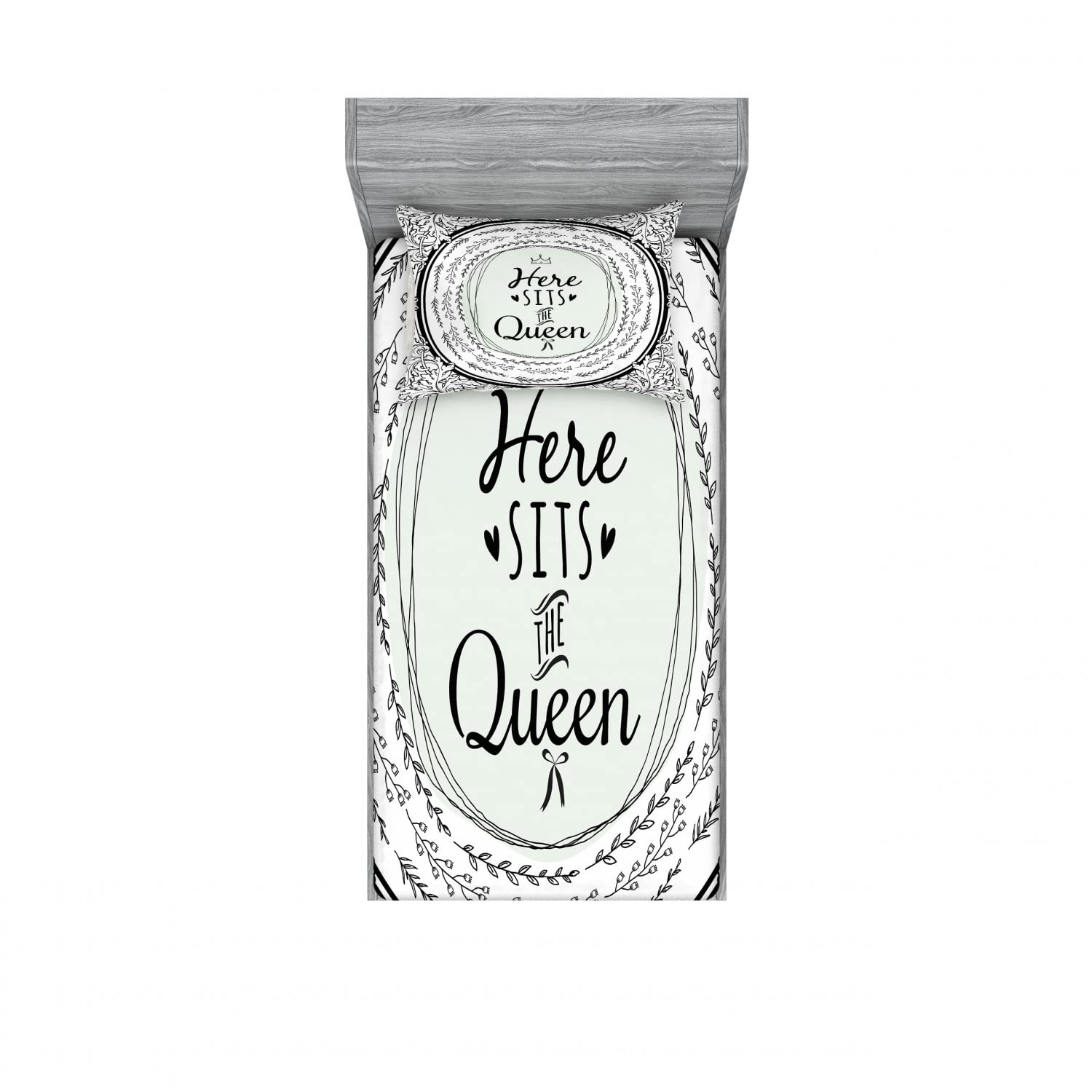 Ambesonne Queen 2-Pack Fitted Sheet & Pillow Sham Set - Here Sits The Queen Oval Curl Design - 4-Piece Twin XL Bedding Set in Mint Green & Charcoal Grey - Soft & Breathable for Comfortable Sleep - Perfect for Guest Rooms, Dorms, or Apartment Decor