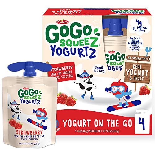 GoGo squeeZ YogurtZ Strawberry 3 oz (Pack of 4) - Healthy Kids Snacks Made with Real Yogurt & Fruit, No Refrigeration Needed, Gluten Free, Nut Free, Recloseable Cap, BPA Free Pouches - Perfect for School Lunches, Travel & On-the-Go Snacking