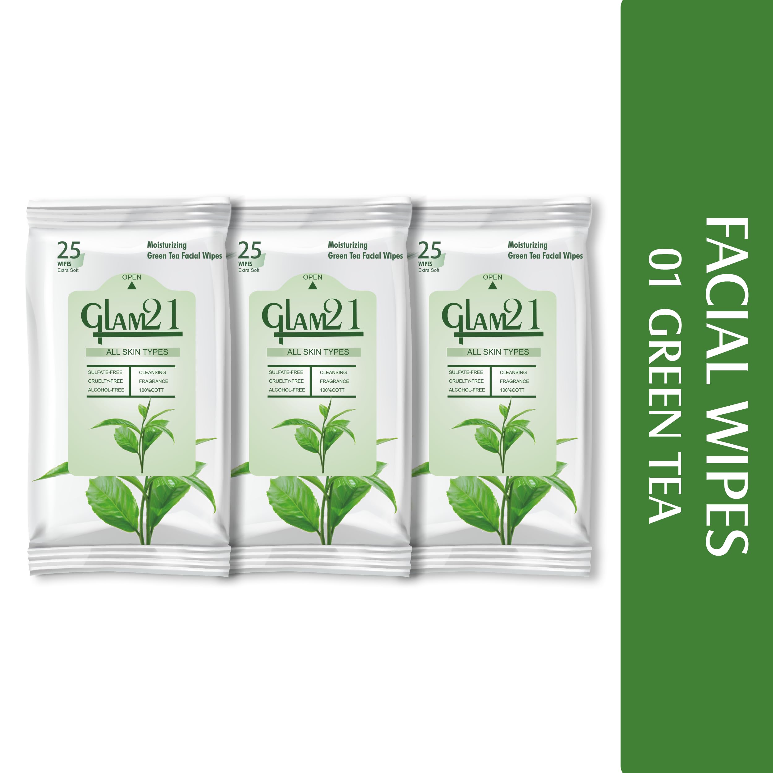 Glam21 Facial Wipes - Super Soft & Moisturizing Green Tea Extract Cleansing Wipes for Makeup Removal & Skin Refreshment | Pack of 3 | Perfect for Travel, Gym & Daily Skincare Routine