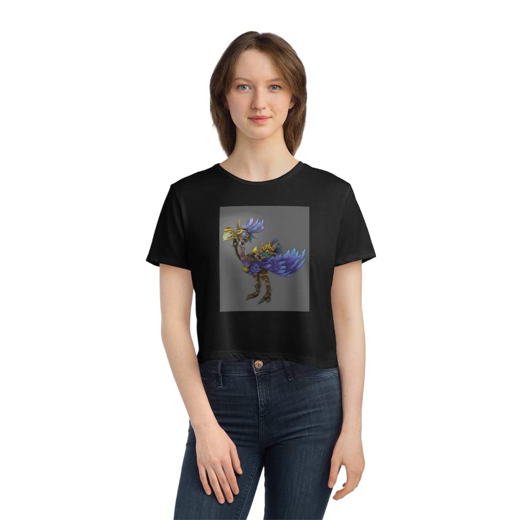 Women's Flowy Cropped T-Shirt - Squawkers The Ostrich Print - XL Size - Heather Navy Color - Casual Summer Top for Beach, Music Festivals & Streetwear