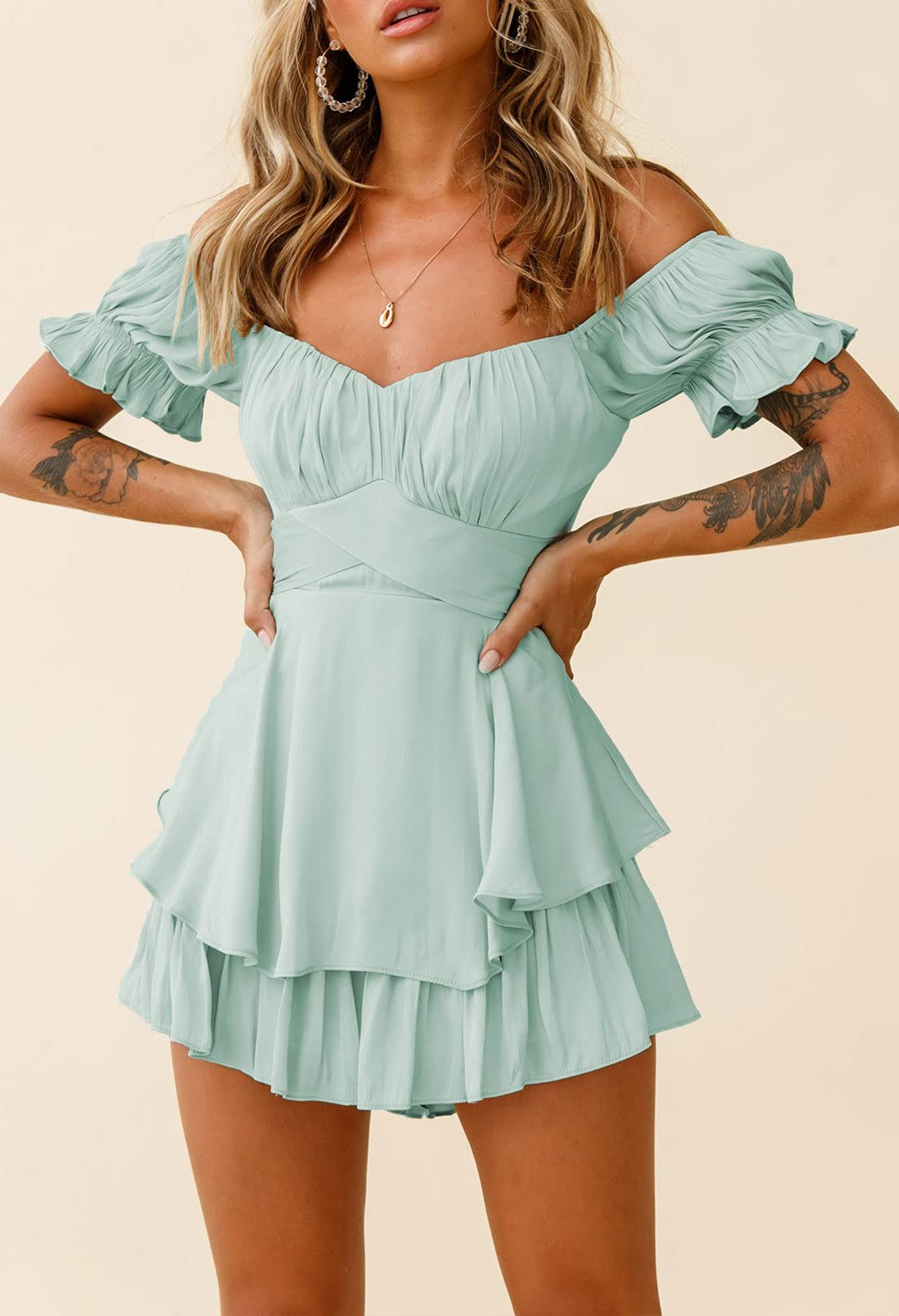 Fixmatti Women's Boho Romper - Off Shoulder Ruffle Chiffon Shorts Jumpsuit Playsuit for Summer Beach Vacation & Music Festival Outfits