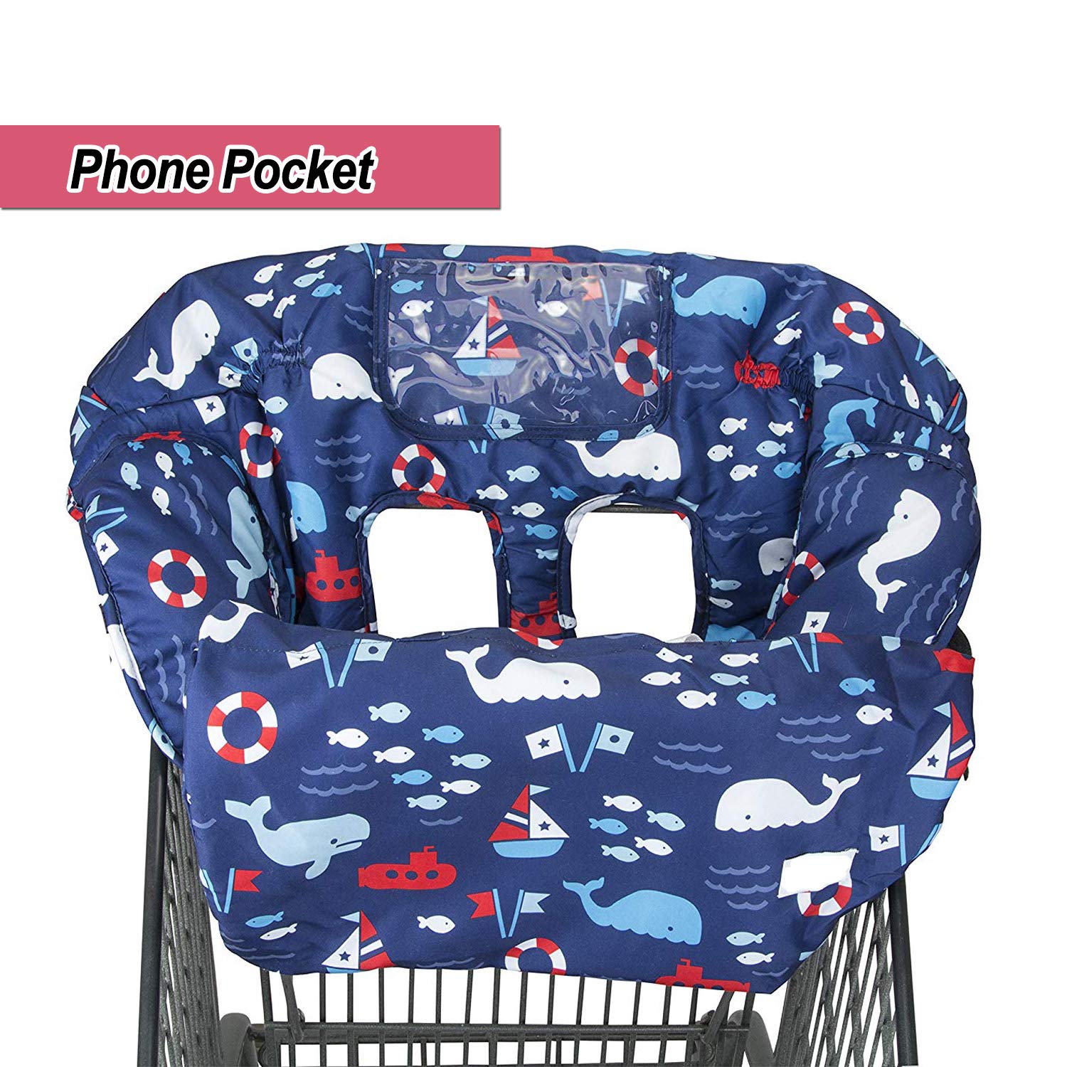 Baby Shopping Cart Cover - 2-in-1 Foldable Portable High Chair & Grocery Cart Seat with Storage Bag for Infants to Toddlers | Blue Whale Design | Perfect for Supermarkets, Restaurants & Travel
