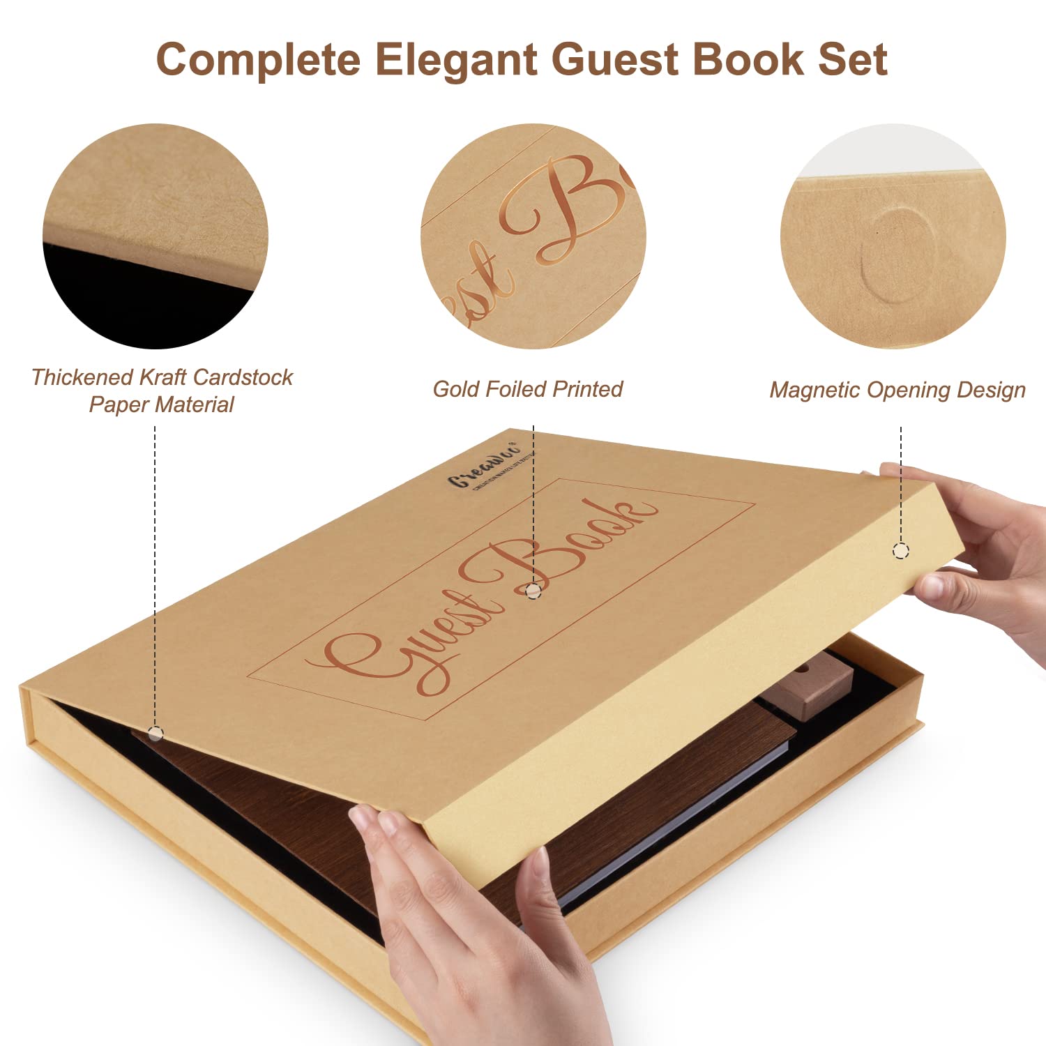 Premium Creawoo Wooden Wedding Guest Book Set - Hardcover Memory Album with 90 White Pages, Table Sign, Pen & Holder - Perfect for Weddings, Baby Showers, Birthdays & Bridal Showers - Elegant Guest Registry for Reception, Anniversary & Special Events