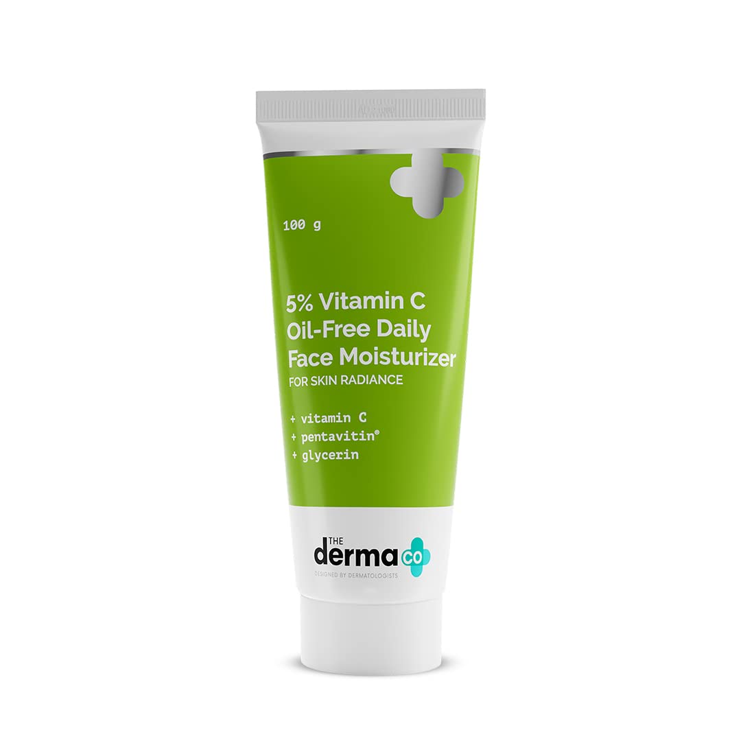 The Derma Co 5% Vitamin C Oil-Free Daily Face Moisturizer for Oily Skin - Brightening & Non-Greasy Formula (100g) | Lightweight Hydration for Glowing Skin | Day & Night Use for Radiant Complexion