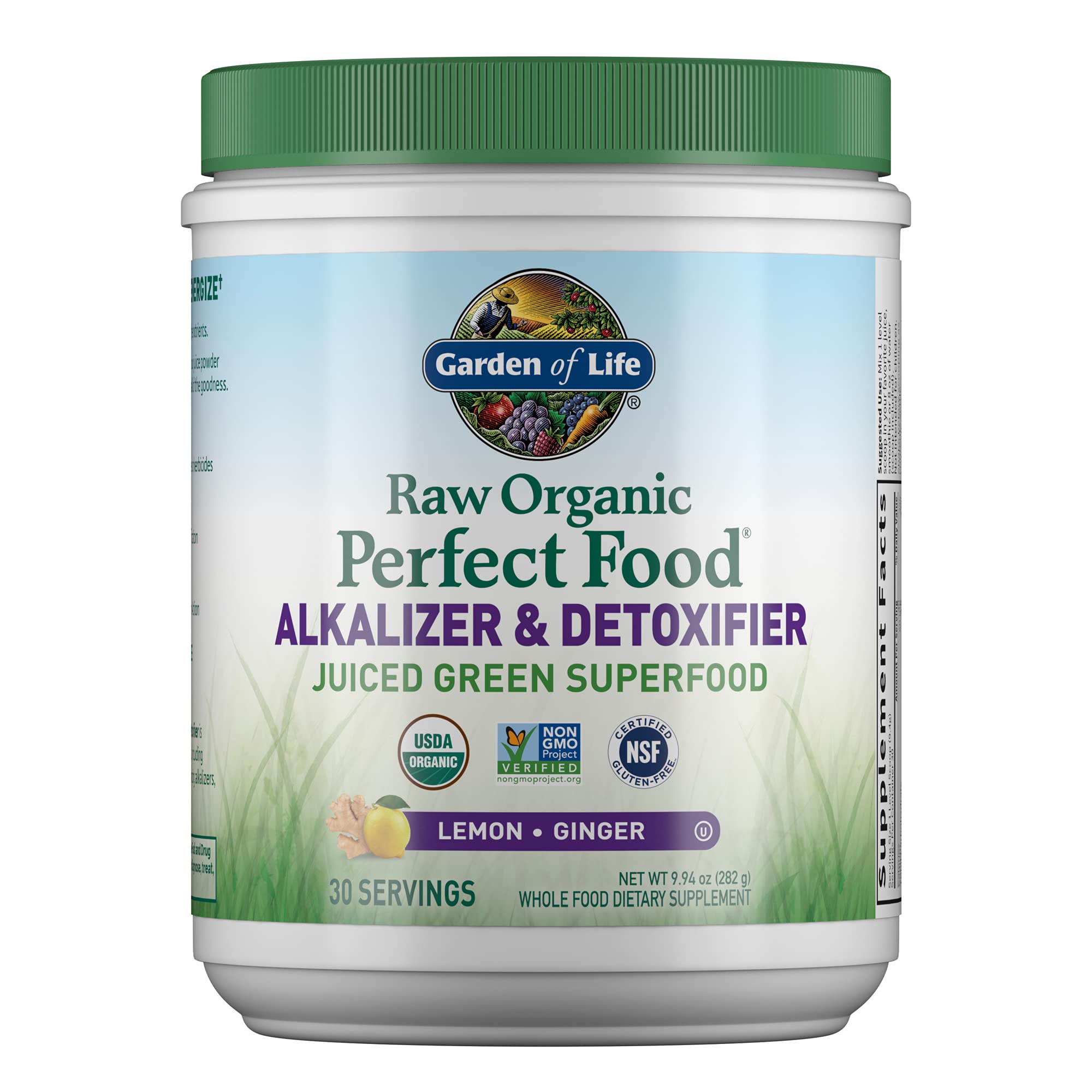 Garden of Life Raw Organic Perfect Food Alkalizer & Detoxifier Juiced Greens Superfood Powder - Lemon Ginger, 30 Servings - Non-GMO, Gluten Free Whole Food Dietary Supplement with Probiotics | Boost Energy, Detox & Alkalize for Daily Wellness & Healthy Lifestyle