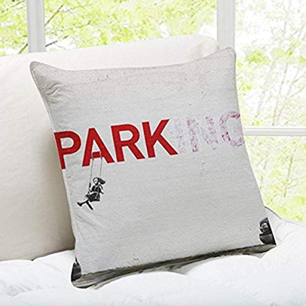 Banky Art Throw Pillow - Parking Swing Girl Los Angeles Street Art Design - Soft Decorative Cushion for Living Room, Bedroom & Office Decor