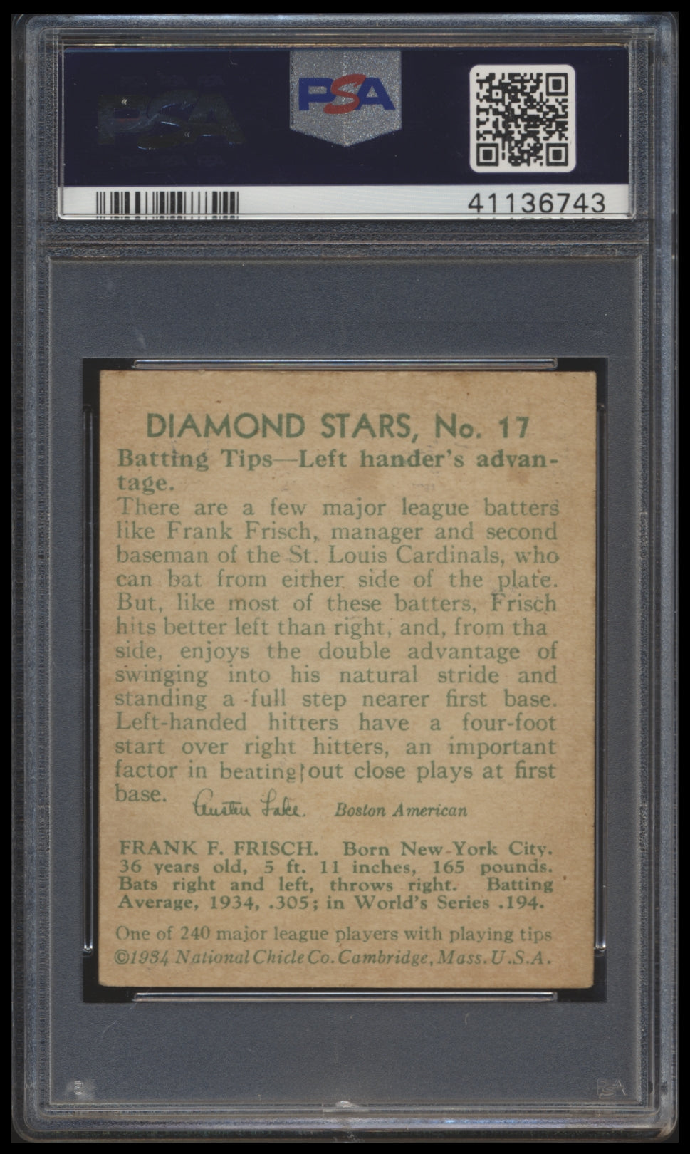 1934-1936 Diamond Stars Frankie Frisch Baseball Card PSA 5.5 EX+ - Vintage Sports Collectible for Display & Investment