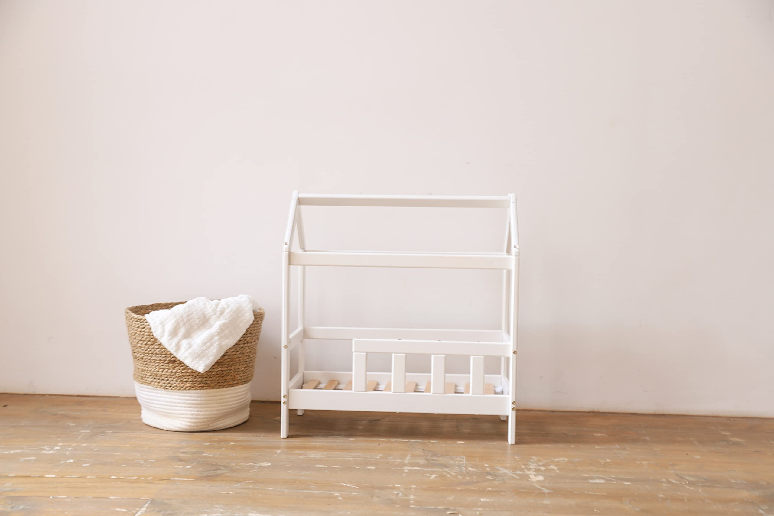 BUSYWOOD Wooden Doll Bed & Toddler Bed Frame - White Girls Bedroom Furniture for Pretend Play & Montessori Learning - Perfect for Dollhouse Accessories & Kids Imaginative Play