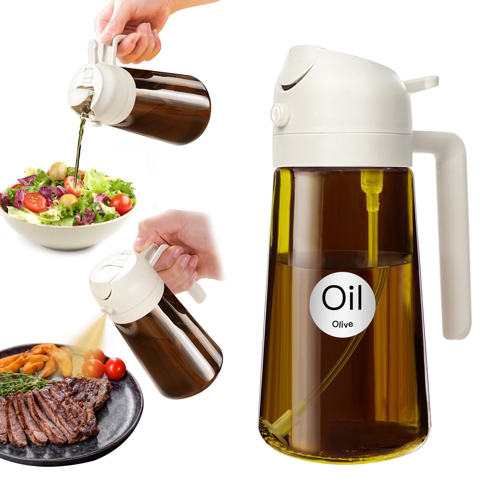 Premium 16oz/470ml Dark Amber Glass Oil Sprayer - 2-in-1 Light-Blocking Olive Oil Dispenser for Cooking, Kitchen & Air Fryer | Food Grade Oil Mister for Healthy Cooking, BBQ, Salad Dressing & Baking (White)