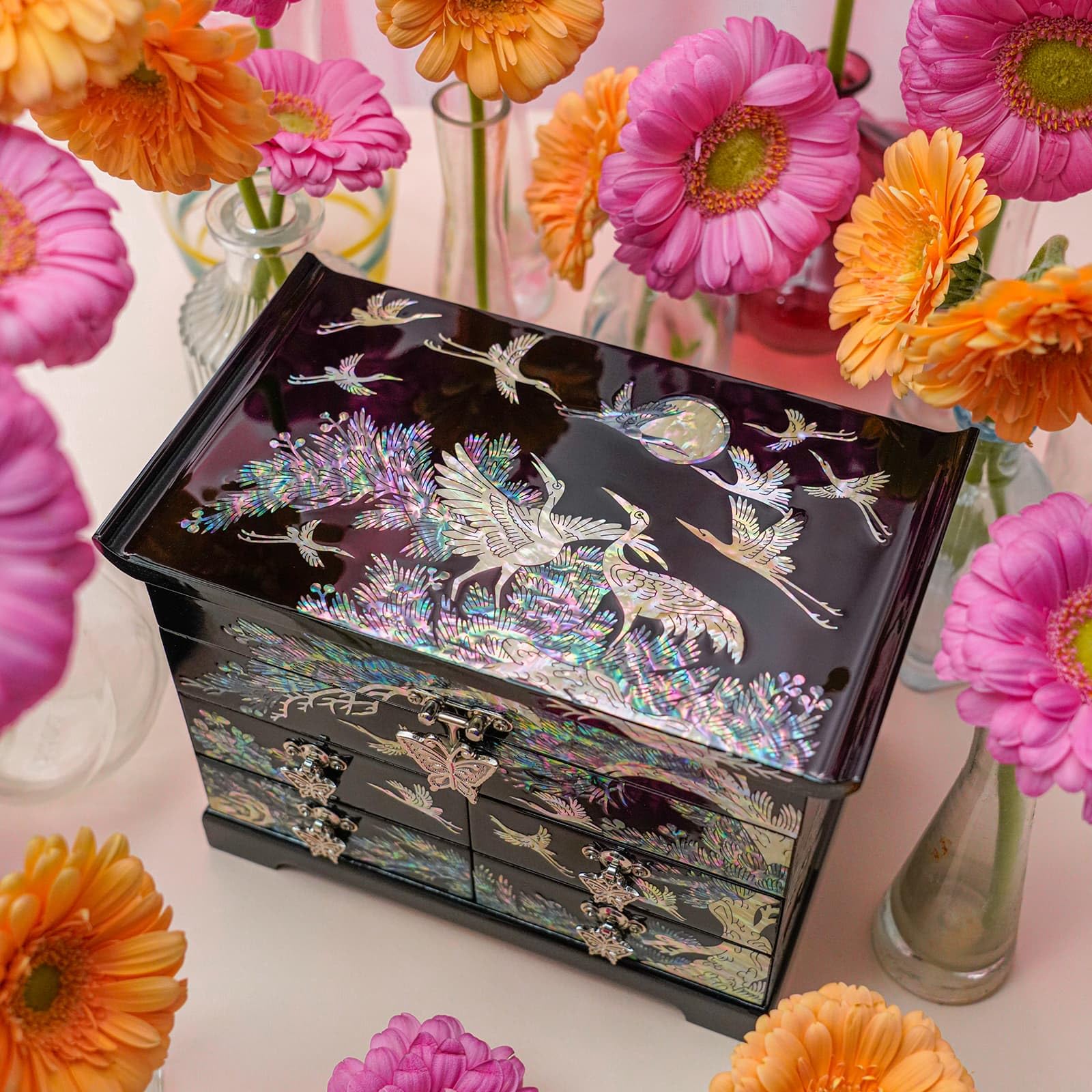 February Mountain Mother of Pearl Wooden Jewelry Organizer Box - Elegant Jewelry Storage with Spacious Drawers for Women | Perfect for Organizing Rings, Bracelets, Watches, Necklaces & Accessories | Great for Bedroom Vanity, Dresser Top or Travel Jewelry Case (Crane_Black)