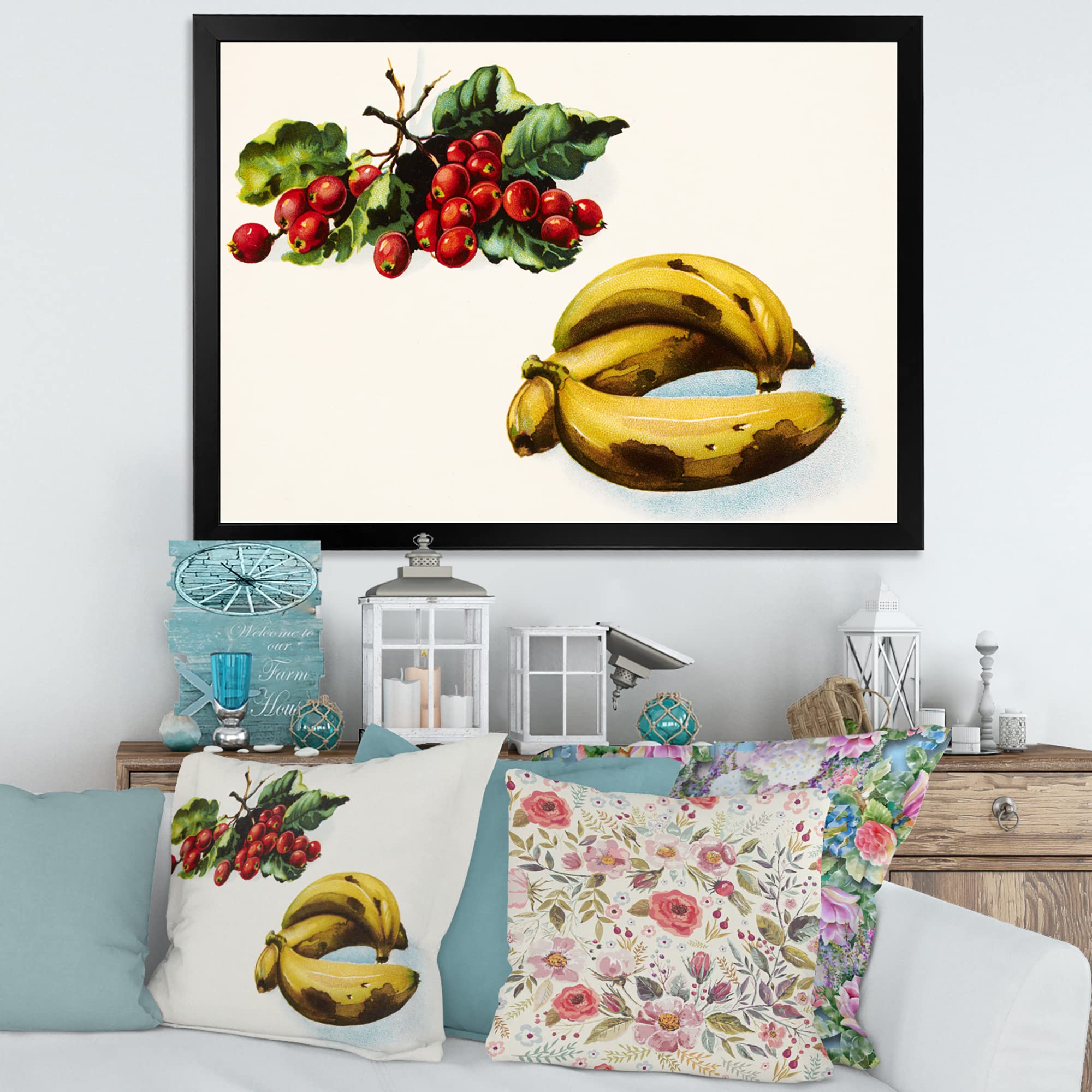 Farmhouse Framed Wall Art - Banana & Red Berries Kitchen Decor - Perfect for Farmhouse, Country Kitchen & Dining Room Decorations
