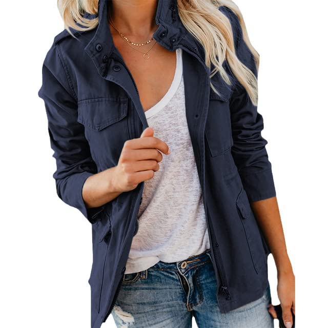 Women's Military Style Stand Collar Zipper Jacket - Long Sleeve Windbreaker Coat for Spring & Autumn | Casual Streetwear Outerwear for Everyday Wear, Travel & Outdoor Activities