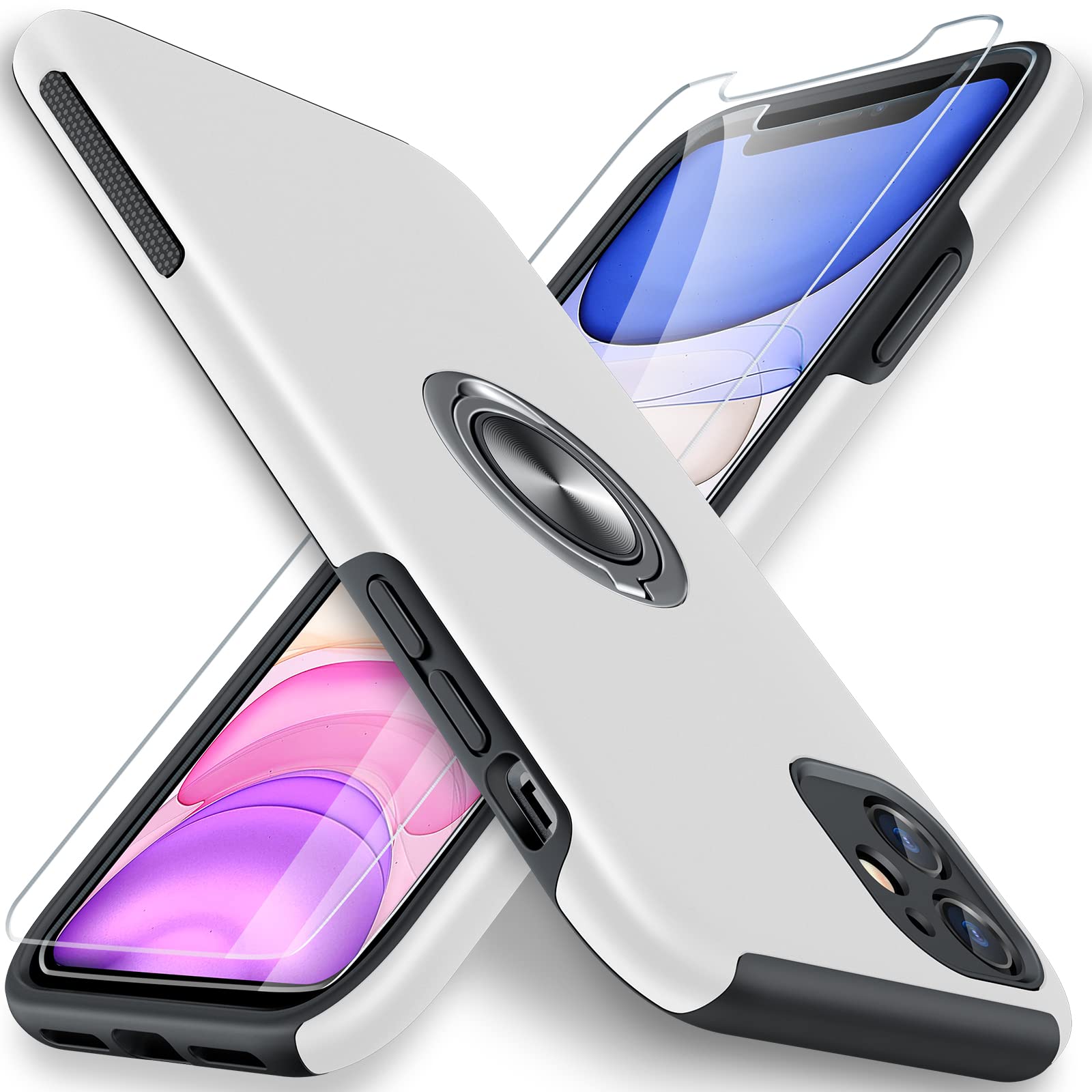 Premium Slim Soft Bumper Case for iPhone 11 with [2 Pack] Tempered Glass Screen Protector & Invisible Ring Holder Kickstand - Silver | Shockproof Protective Cover for Everyday Use, Work & Travel