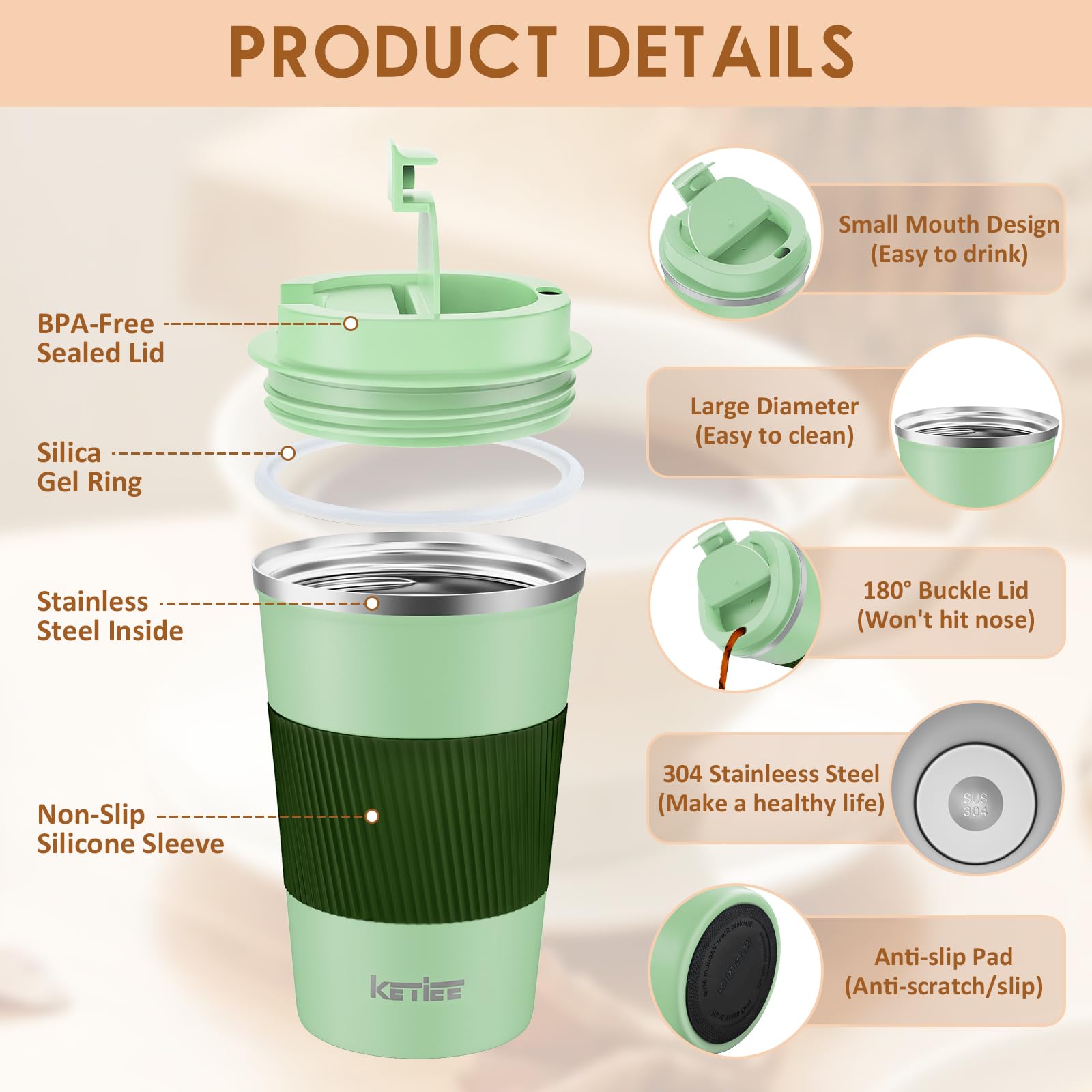 KETIEE 12oz Vacuum Insulated Stainless Steel Travel Coffee Mug - Leakproof Lid, Double Wall Thermal Tumbler for Hot & Cold Drinks - Reusable Coffee Cup for Commuting, Camping & Office (Green)