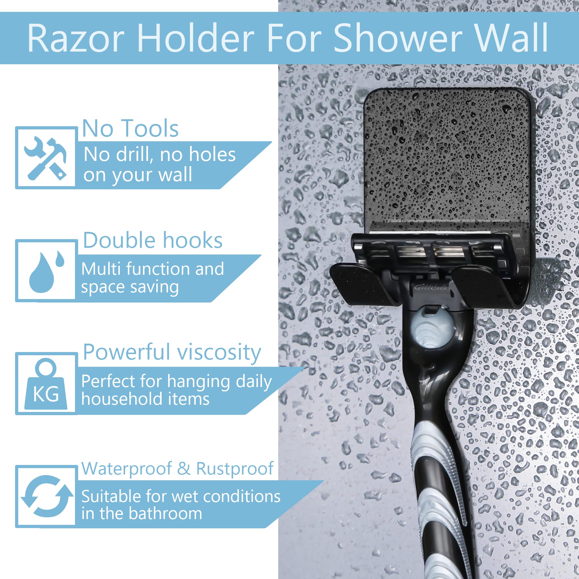 Stainless Steel Shower Razor Holder - Heavy Duty Waterproof Adhesive Wall Mount for Shaver, Loofah & Towel (2 Pack, Black) - Perfect for Bathroom, Kitchen & Travel Organization