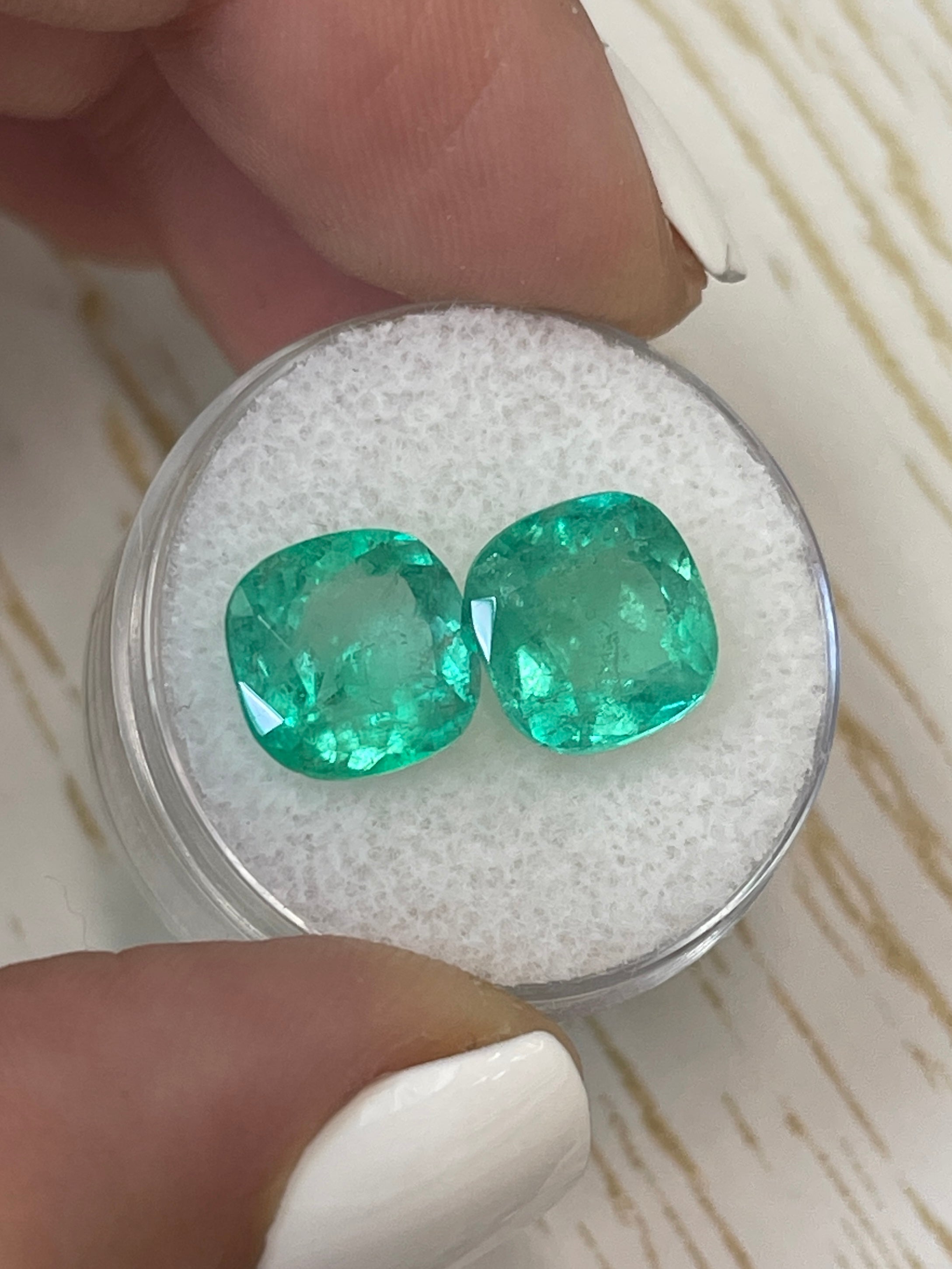 6.74tcw 9.5x9.5mm Matching Pair Natural Colombian Emerald Gemstones - Bluish Green Cushion Cut Loose Emeralds for Jewelry Making, Engagement Rings & Collector's Items