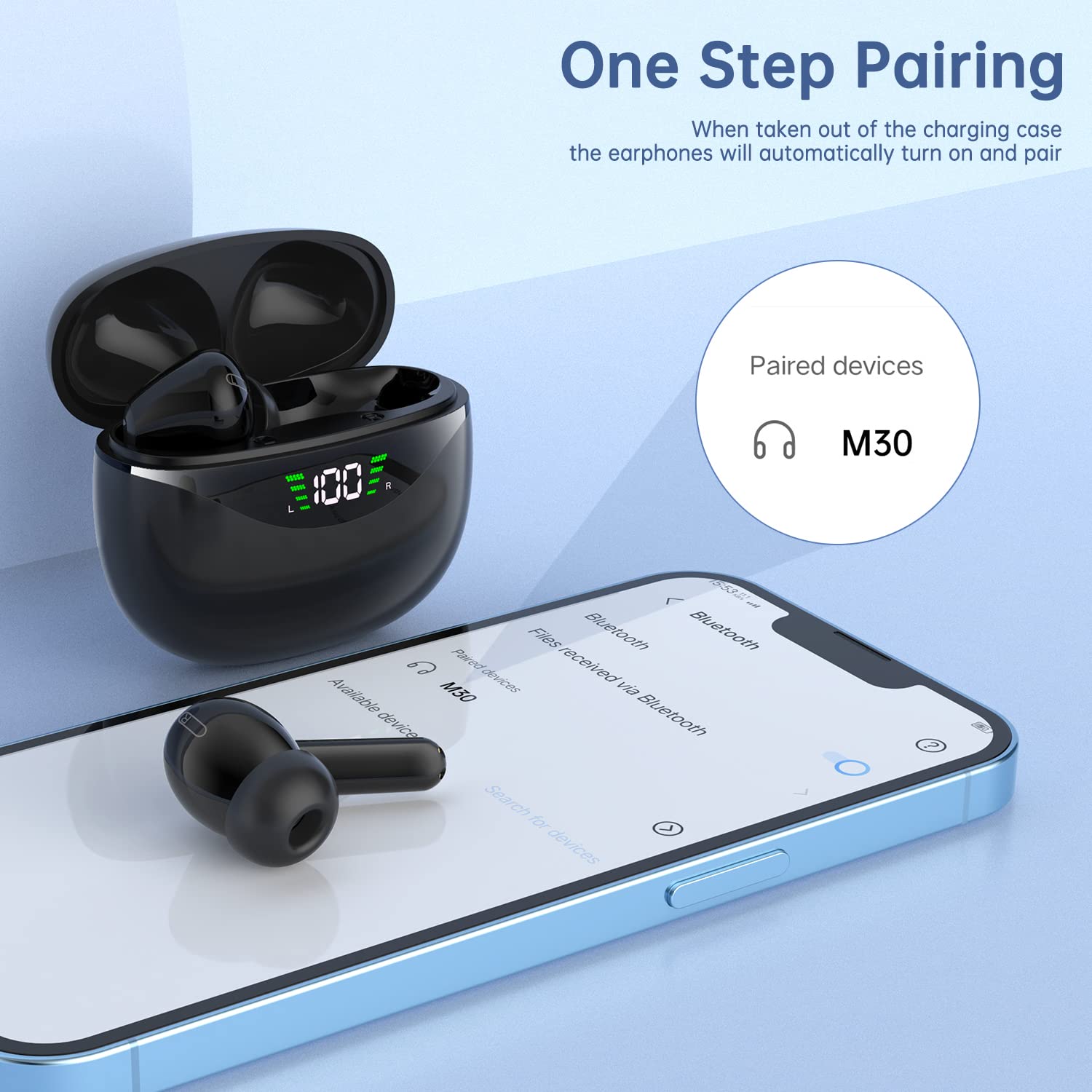 Wireless Bluetooth Earbuds 5.1 with 30Hrs Playtime, LED Power Display & IPX7 Waterproof - TWS Stereo In-Ear Headphones with Built-in Mic for iPhone Android - Perfect for Gym, Running, Travel & Workouts
