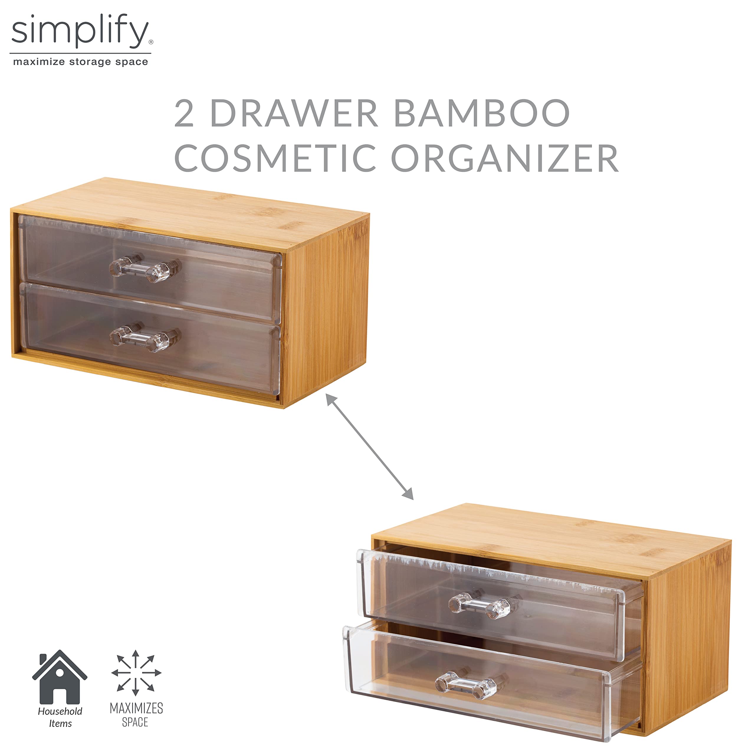 2-Tier Cosmetic and Jewelry Organizer - Clear Acrylic & Bamboo Makeup Storage Box for Vanity, Dresser or Bathroom Countertop - Perfect for Organizing Makeup Brushes, Rings, Earrings and Beauty Accessories