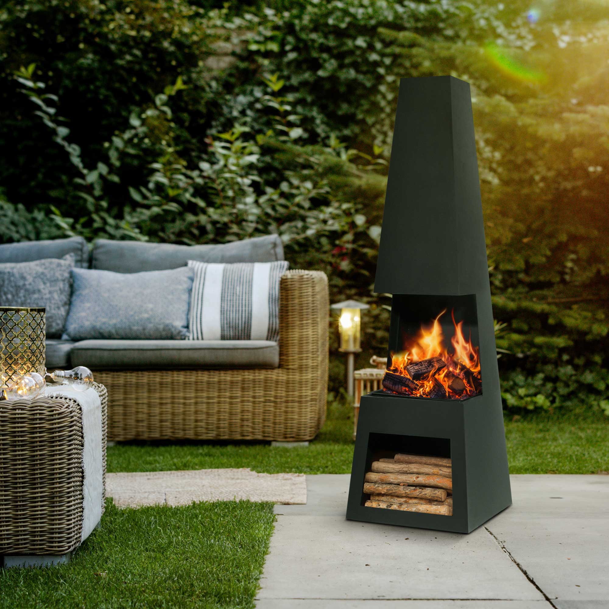 Pyramid Chiminea Outdoor Fireplace - Black Steel Patio Heater with Firewood Storage (DG107) - Perfect for Backyard, Garden, and Camping Gatherings