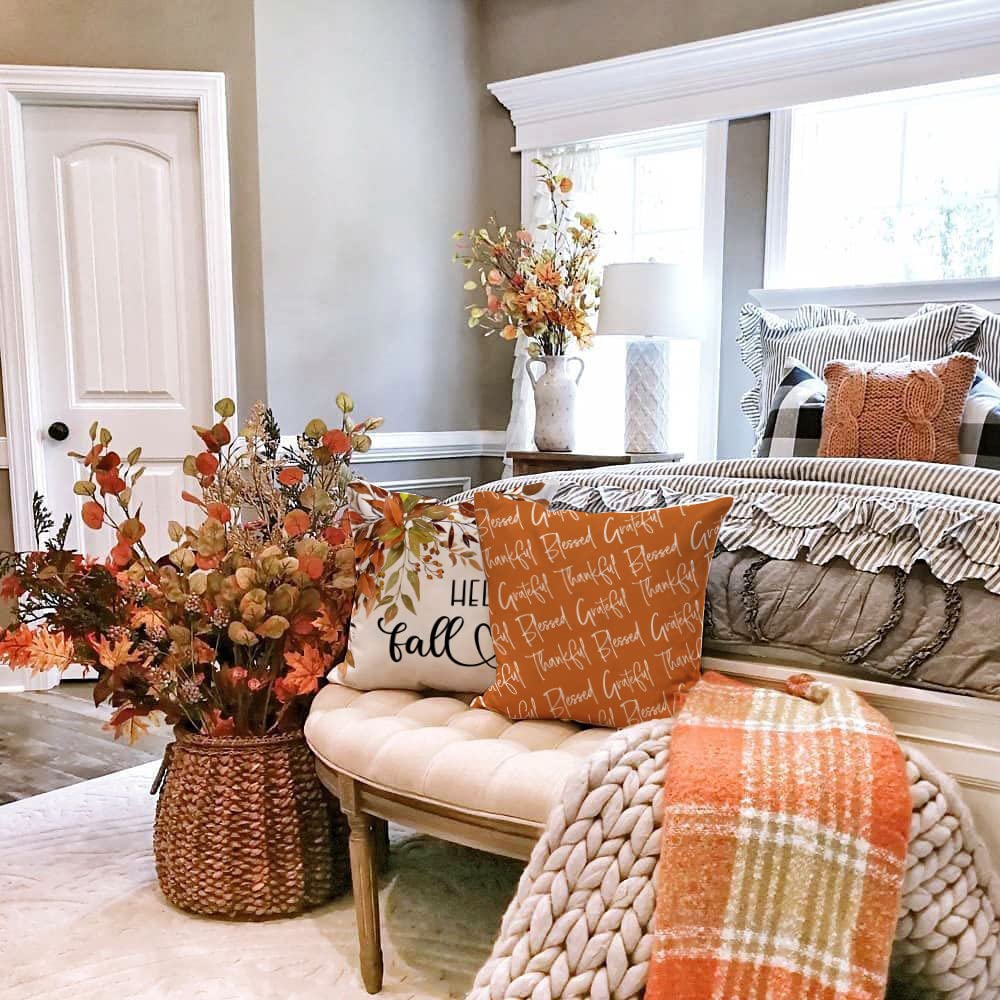 GEEORY Fall Pillow Covers 16x16 Set of 4 - Buffalo Plaid Pumpkin Maple Leaf Decorative Throw Pillow Cases for Couch, Sofa - Farmhouse Thanksgiving Decor (Grateful Blessed Theme) - Perfect for Autumn Home Decor, Seasonal Living Room Accents & Cozy Thanksgiving Gatherings
