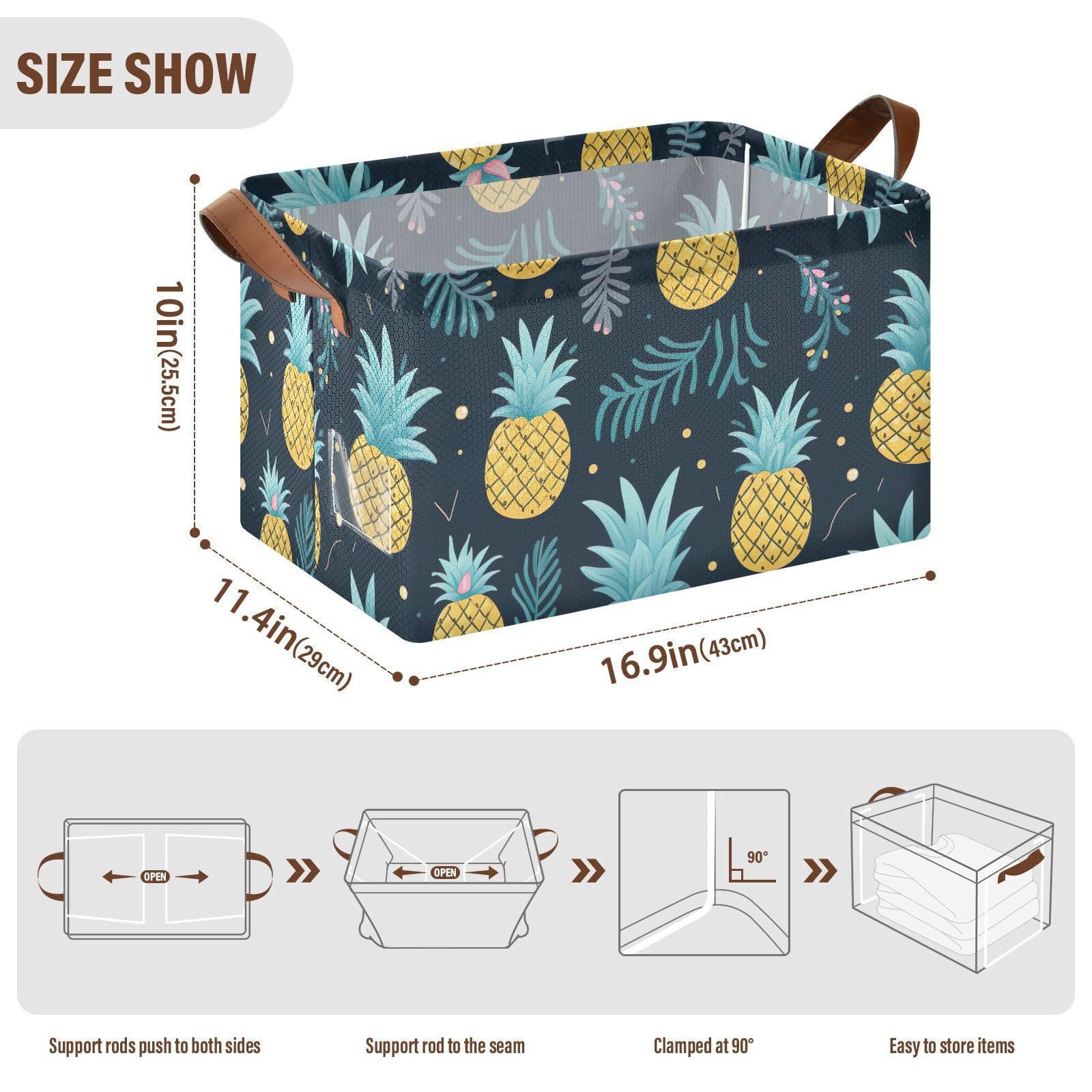 Foldable Storage Bins with Handles - 2 Pack Pineapple Tropical Design Collapsible Shelves & Baskets (16.9