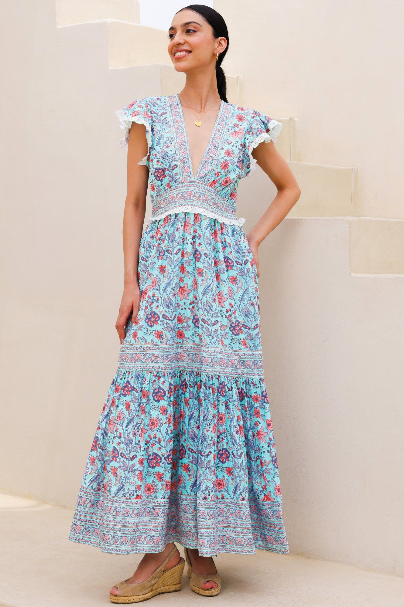 Pippa Block Print Dress - Floral Cotton Maxi Dress in Gardenia Blue & Red | Perfect for Summer Outings, Beach Vacations & Boho Fashion