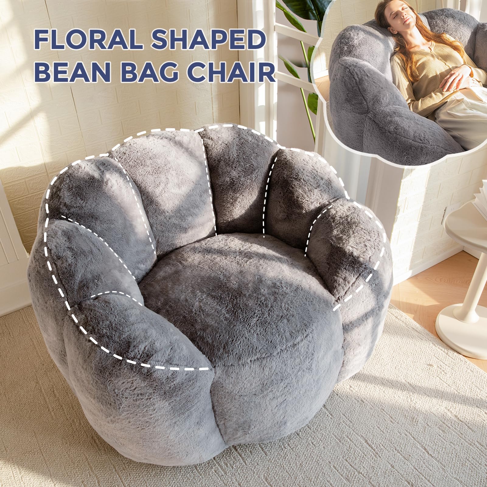 MAXYOYO Floral Bean Bag Chair - Ultra Soft Faux Fur Petal Back Sofa for Adults, Single Size Dark Grey - Perfect for Living Room, Bedroom & Game Room Relaxation