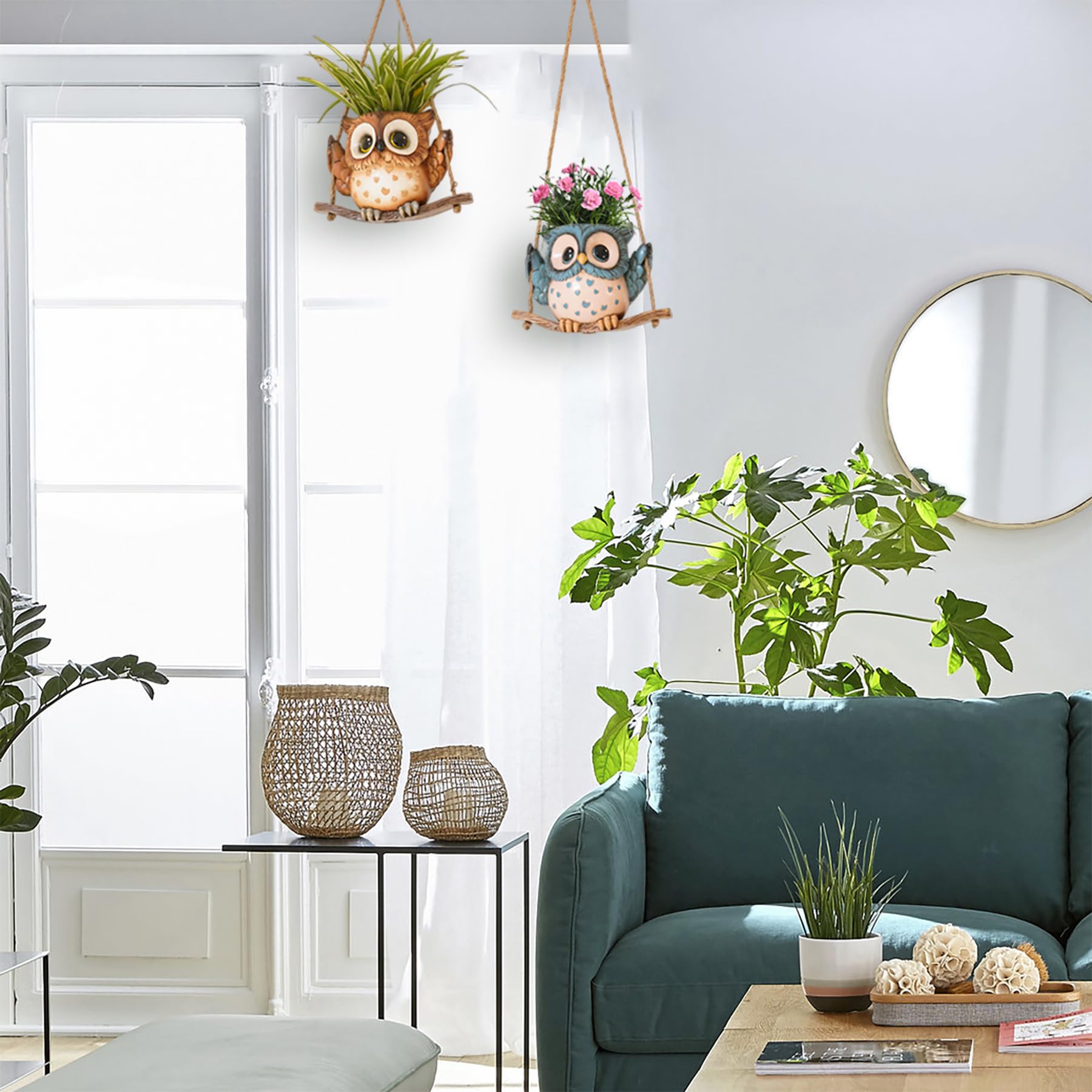 Swing Owl Hanging Planters for Indoor & Outdoor Plants - Small Succulent Pots with Drainage Hole - Unique Resin Plant Hangers for String of Pearls - Perfect Mother's Day Gift Idea for Home, Garden, and Balcony Decor
