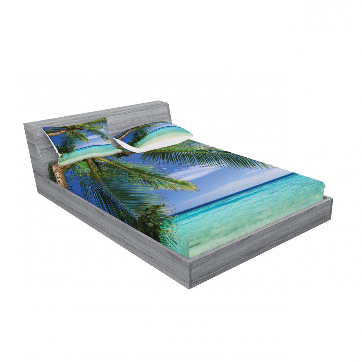 Ambesonne 2-Piece Queen Fitted Sheet Set with 4 Pillow Shams - Tropical Maldives Paradise Design in Green & Aqua Blue - Soft Bedding for Beach House, Guest Room & Vacation Home Decor