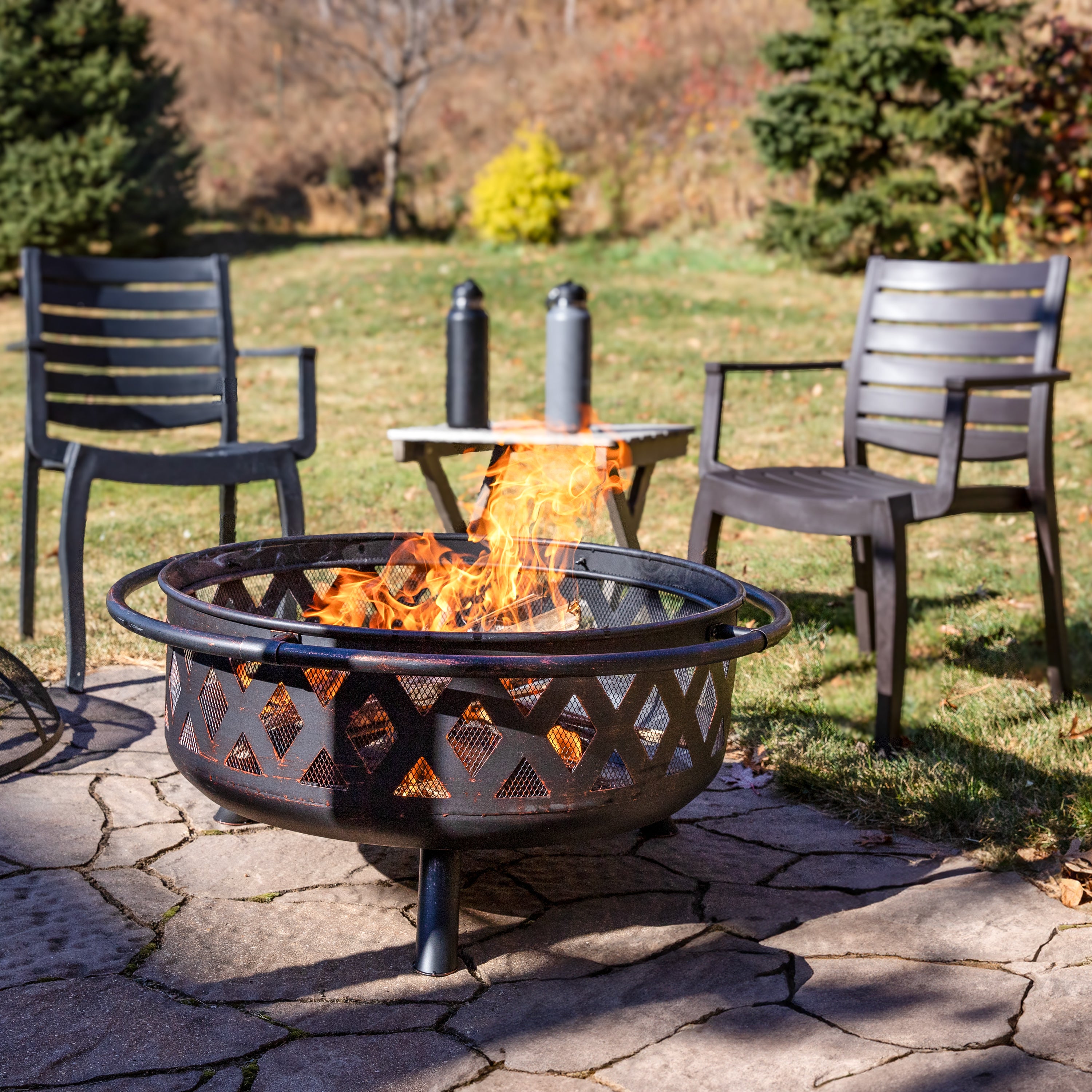Sunnydaze Bronze Crossweave Outdoor Fire Pit with Spark Screen & Poker - Heavy Duty Steel Wood Burning Firepit for Backyard, Patio, Camping & Bonfires