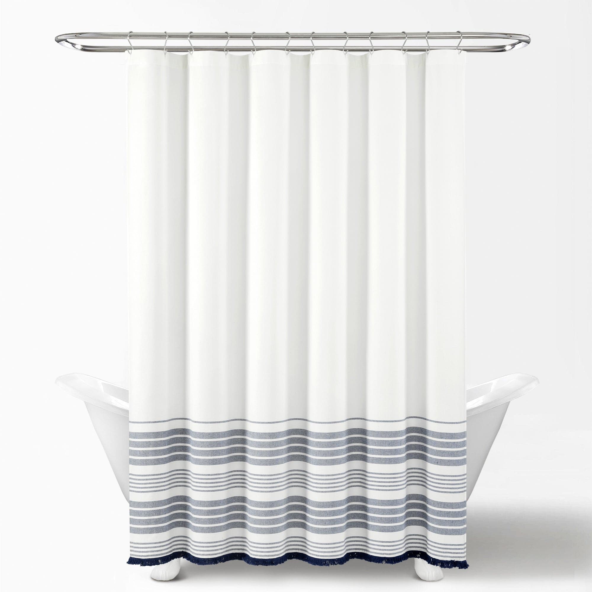 Nantucket Yarn Dyed Tassel Fringe Shower Curtain - Coastal Bathroom Decor for Beach House, Farmhouse & Boho Style
