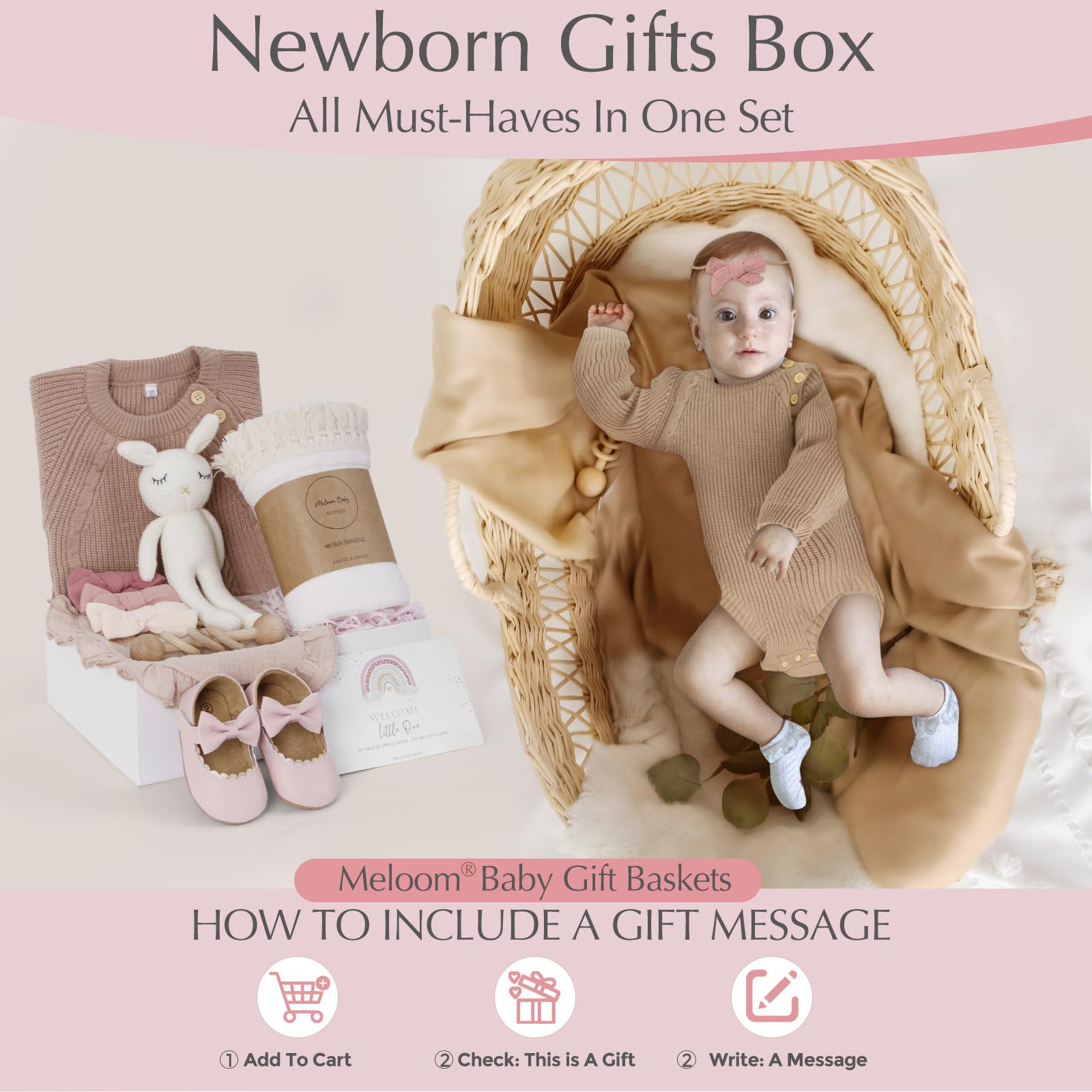 Meloom Deluxe Baby Girl Gift Set - Newborn Baby Shower Gifts Basket with Boho Essentials | Personalized Baby Shower Gifts for New Moms | Perfect for Newborn Welcome, Christening & First Birthday Celebrations