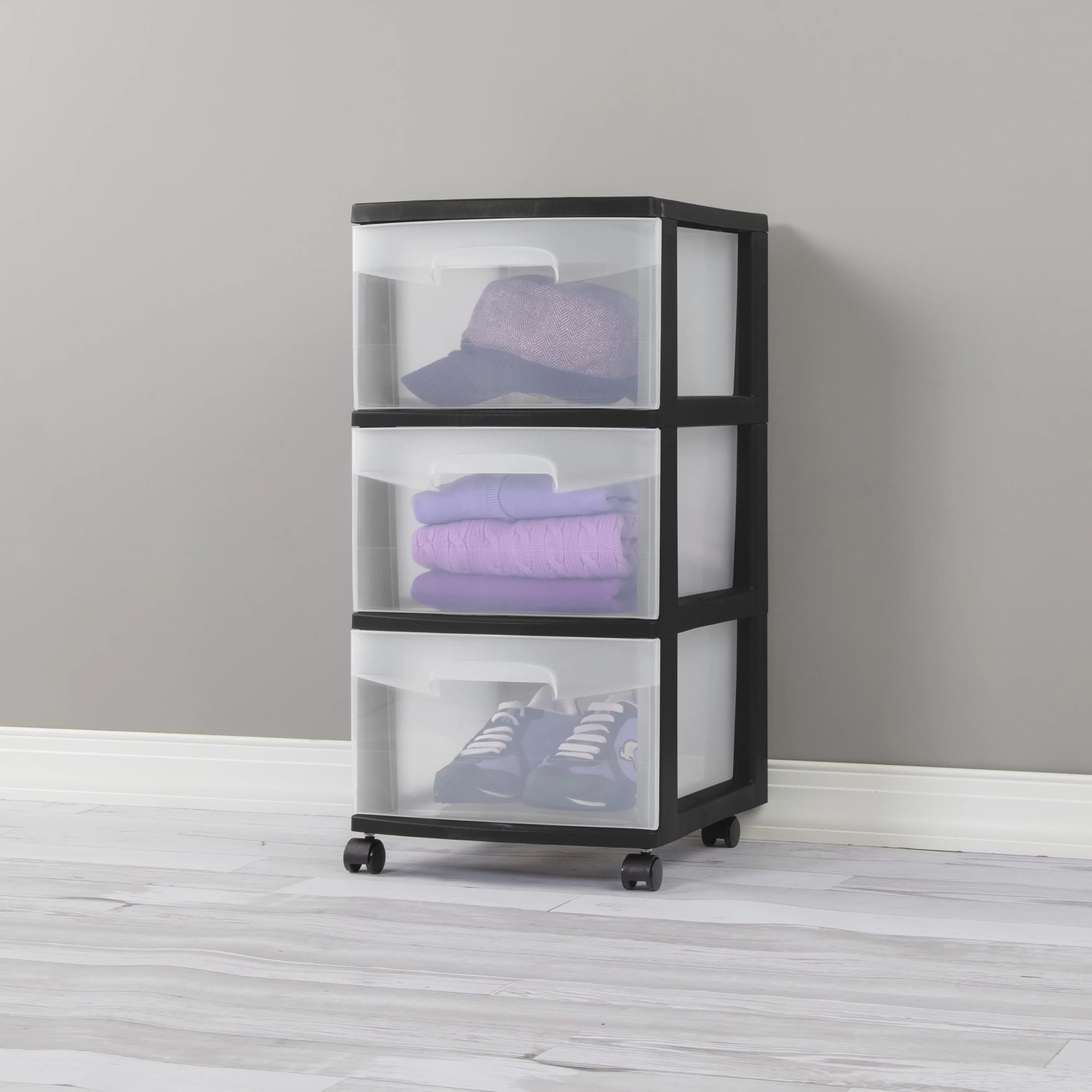 3-Drawer Plastic Storage Cart with Wheels - Medium Home Organization Container, Removable Casters & Clear Drawers for Bedroom, Office, or Closet - White Frame with Black Accents - Set of 1 (Ideal for Toys, Crafts & Clothes Storage)