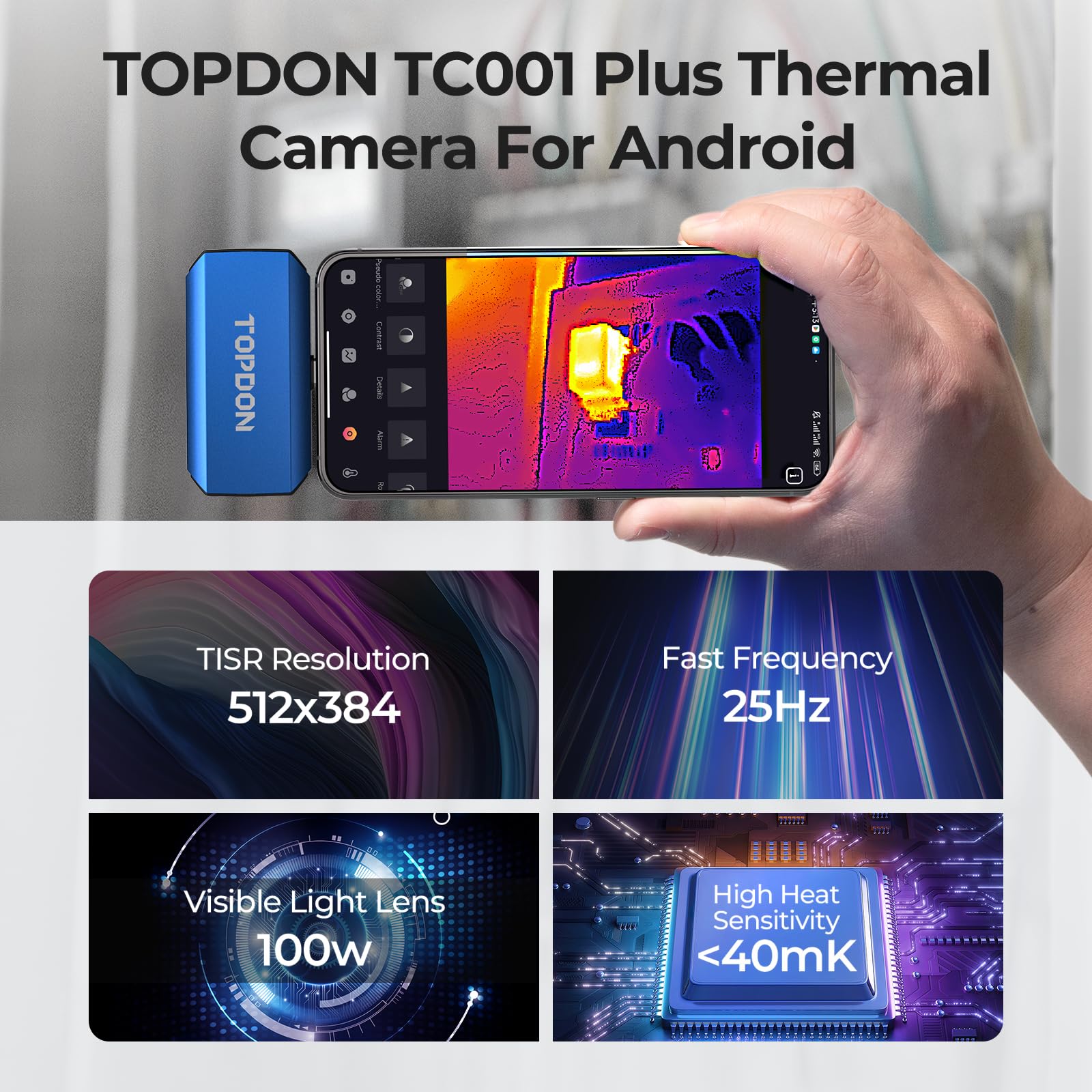 TOPDON TC001 Plus Thermal Imaging Camera for Android - 512x384 Super Resolution & Visual Camera, 256x192 IR Resolution, Dual-Lens Smartphone & Tablet Thermal Camera (PC Compatible, Not for iOS) - Perfect for Electrical Inspections, HVAC Maintenance, and Home Energy Audits