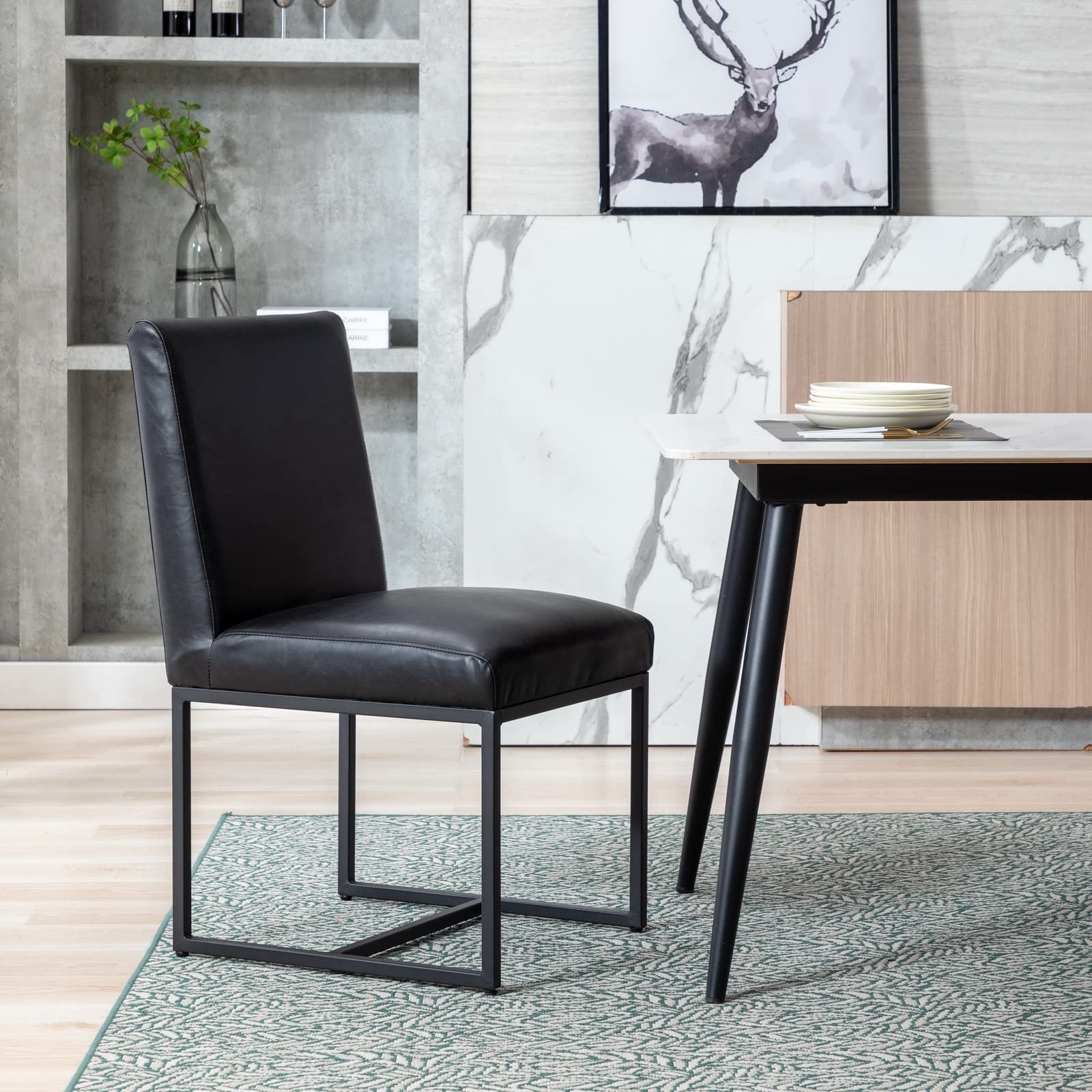 Premium CIMOTA Black Leather Dining Chairs Set of 2 - Modern Upholstered Armless Side Chairs with Sturdy Black Metal Base for Dining Room, Kitchen, Restaurant & Office - Perfect for Home Decor & Guest Seating (2-Piece Set)
