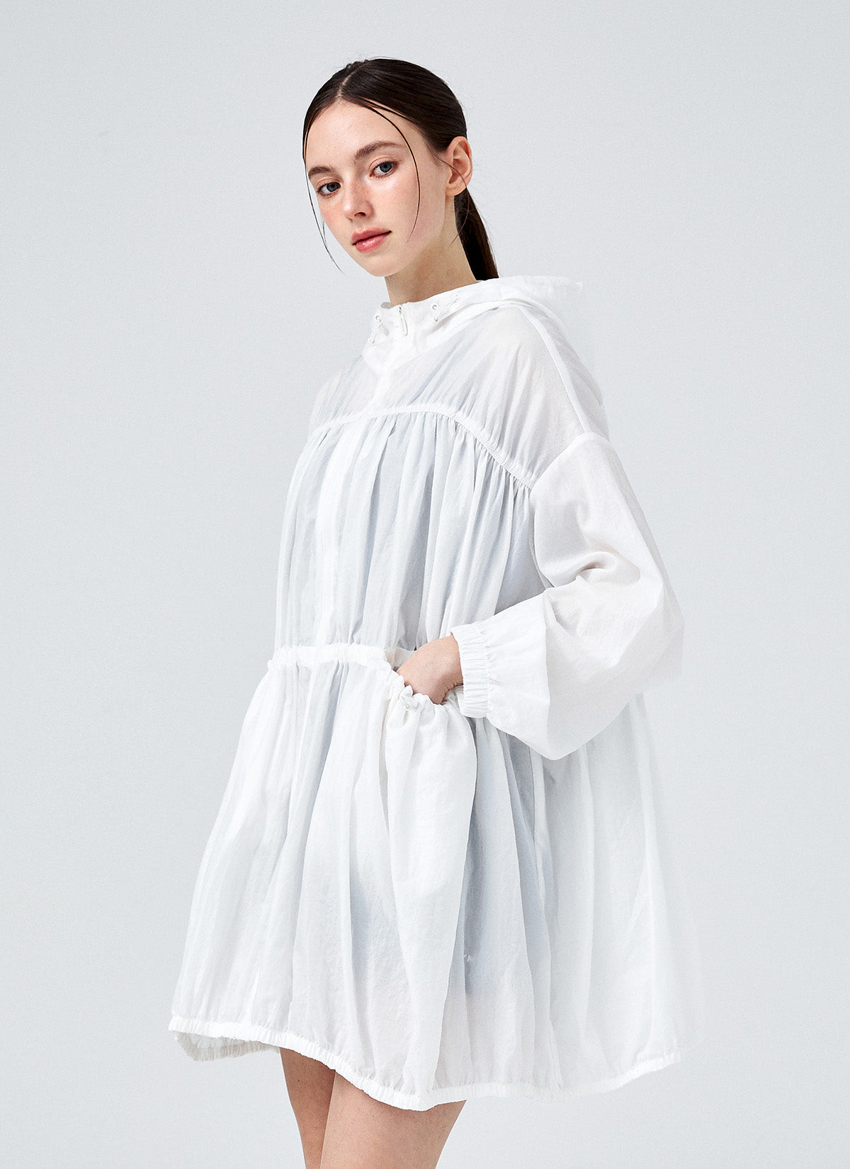 Stylish Airy Balloon Shirring Hood Long Jacket for Women - Trendy Oversized Outerwear for Casual Outings & Streetwear Fashion