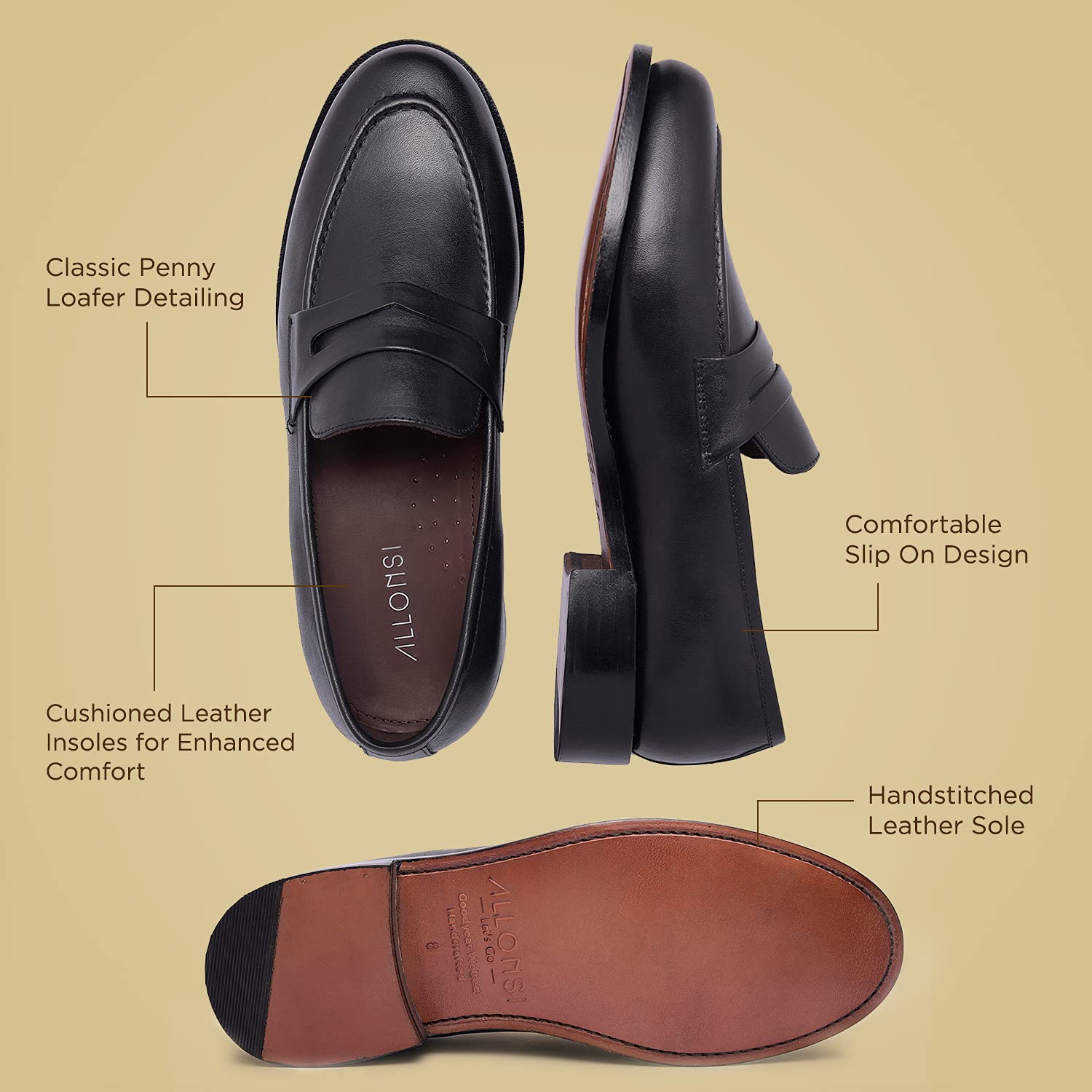 James Genuine Leather Men's Penny Loafers - Goodyear Welted Dress Shoes for Men | Handcrafted Luxury Slip-On Loafers with Leather Sole | Comfortable Business Casual & Formal Shoes for Office, Wedding & Daily Wear