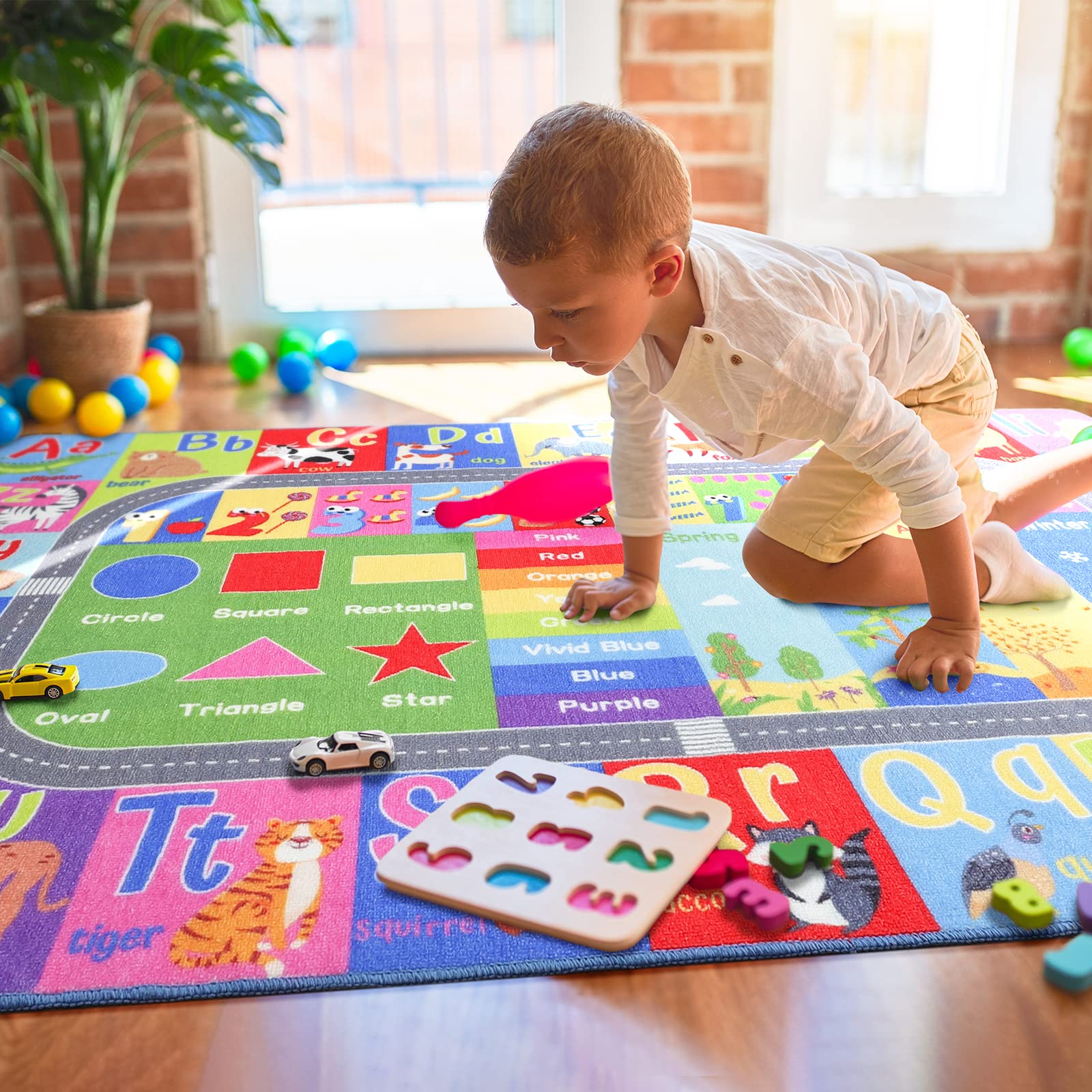 Premium HOMORE Kids Educational Rug 7x10 ft - Alphabet, Numbers, Colors, Seasons & Animals Learning Playmat for Classroom, Playroom & Homeschooling - Non-Slip Children's Activity Carpet for Early Education