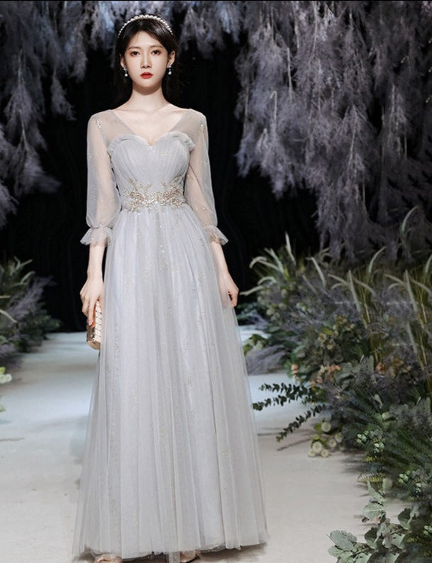 Elegant Gray A-Line Long Prom Dress - Shiny Formal Party Gown for Bridesmaid & Evening Events - Perfect for Homecoming, Wedding, and Special Occasions