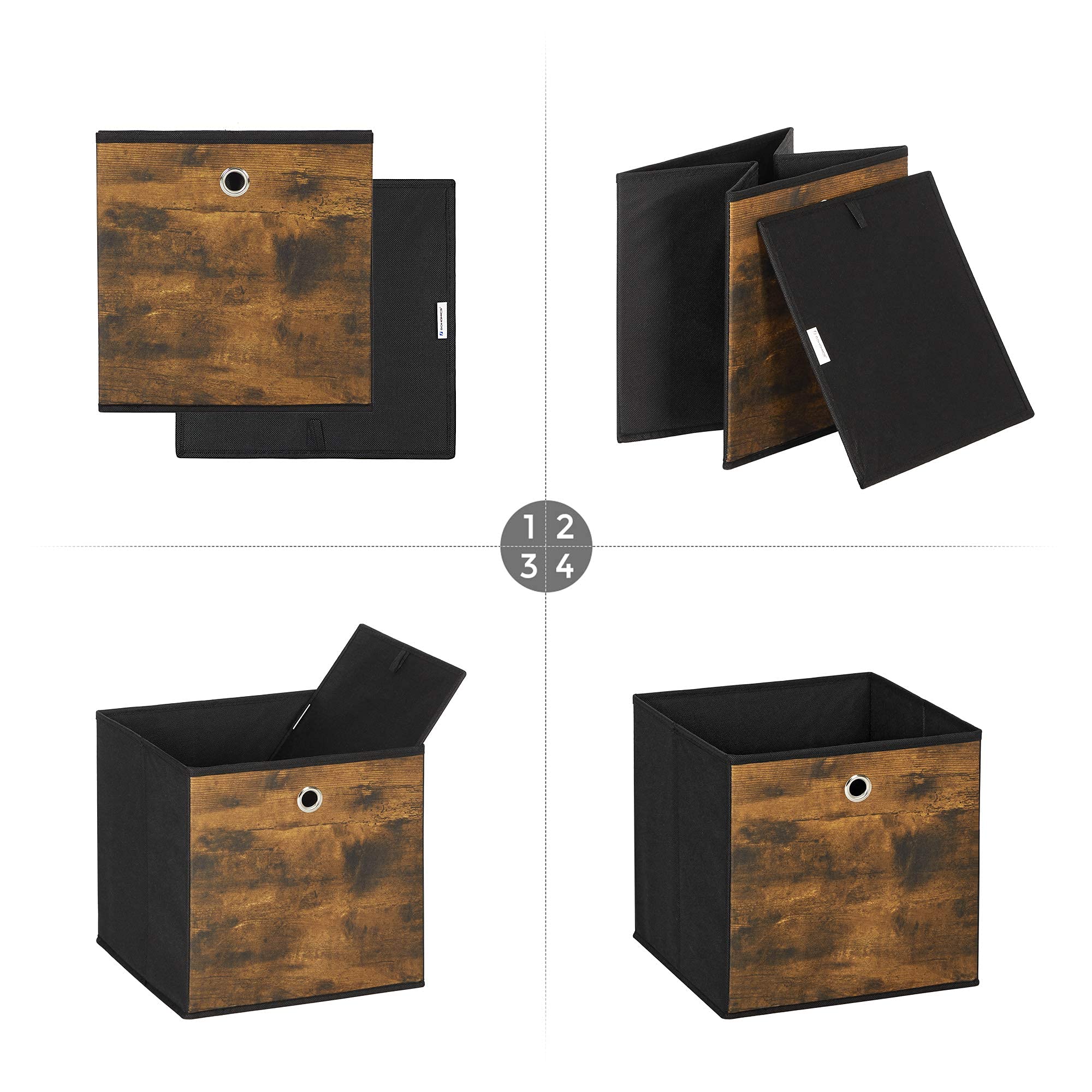 SONGMICS 6-Pack Foldable Storage Cubes with Handles - 11.8x11.8x11.8 Inch Fabric Storage Bins for Closet, Shelves & Home Organization (Rustic Brown & Black) | Perfect for Toys, Books & Seasonal Items
