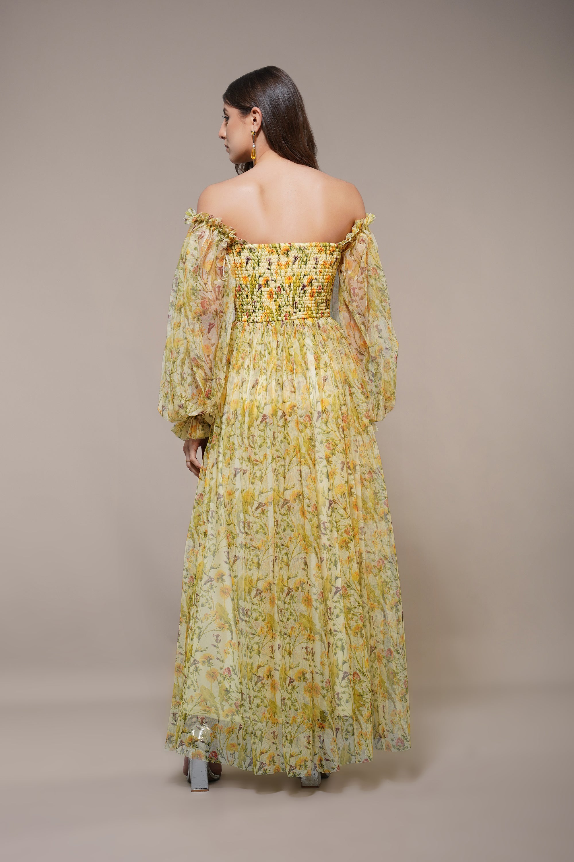 Lana Yellow Printed Tulle Maxi Dress - Flowy Summer Beach Dress for Women, Boho Chic Wedding Guest Outfit, Perfect for Vacations & Special Occasions