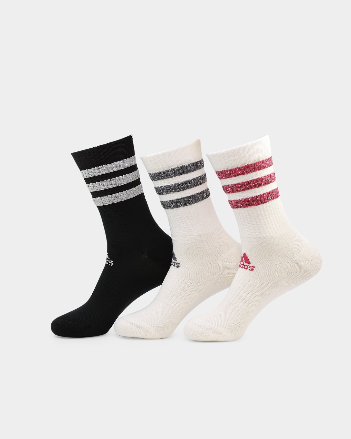 Adidas Women's 3 Stripe Glam Crew Socks 3-Pack (White/Black/Wild Pink/Grey) - Comfortable Athletic Socks for Running, Gym & Casual Wear