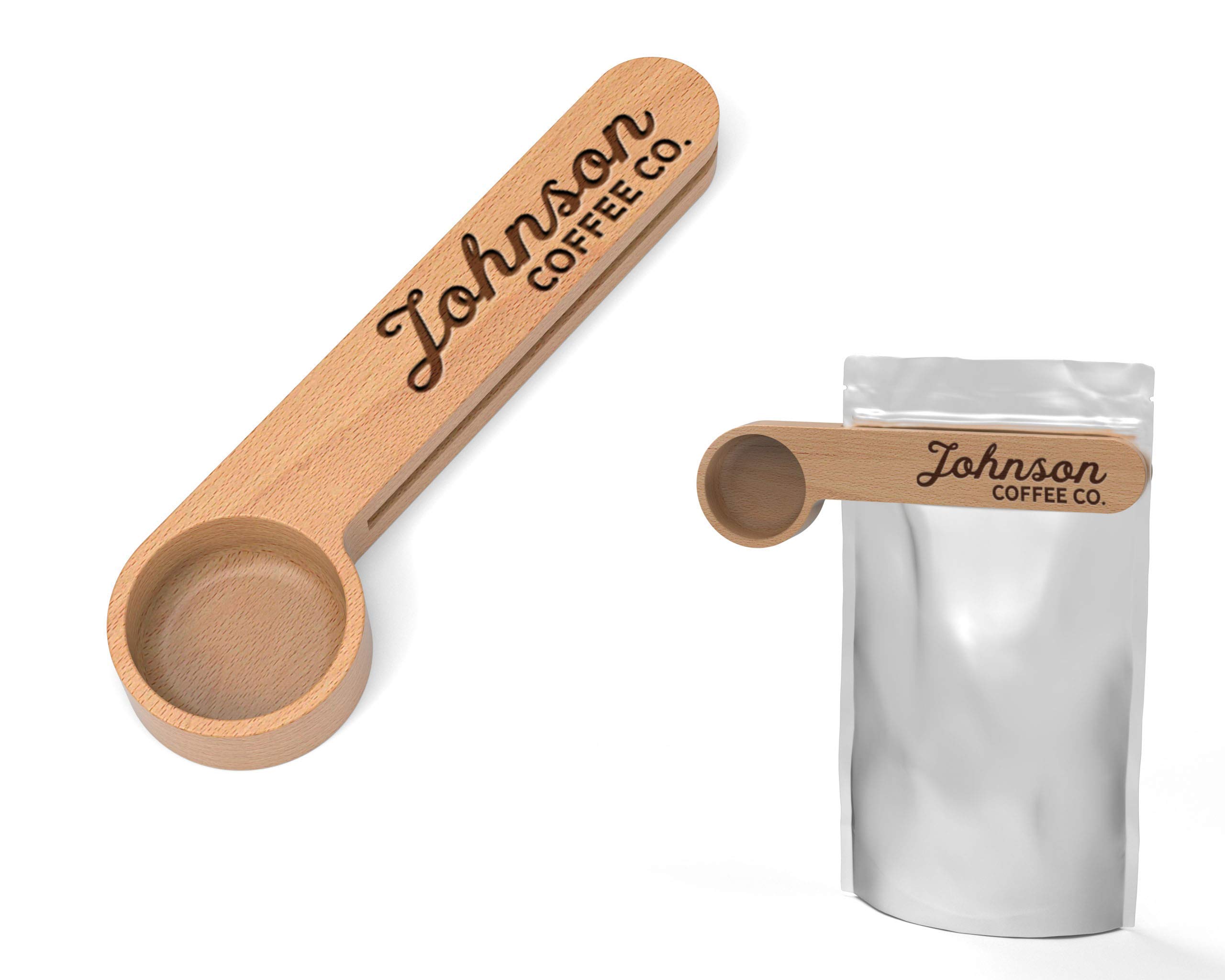 Personalized Wooden Coffee Scoop - Custom Engraved Coffee Measuring Spoon & Bag Clip - Perfect Kitchen Tool for Coffee Lovers - Ideal Gift for Home Baristas & Coffee Enthusiasts - Use for Brewing, Measuring, and Storing Coffee Beans