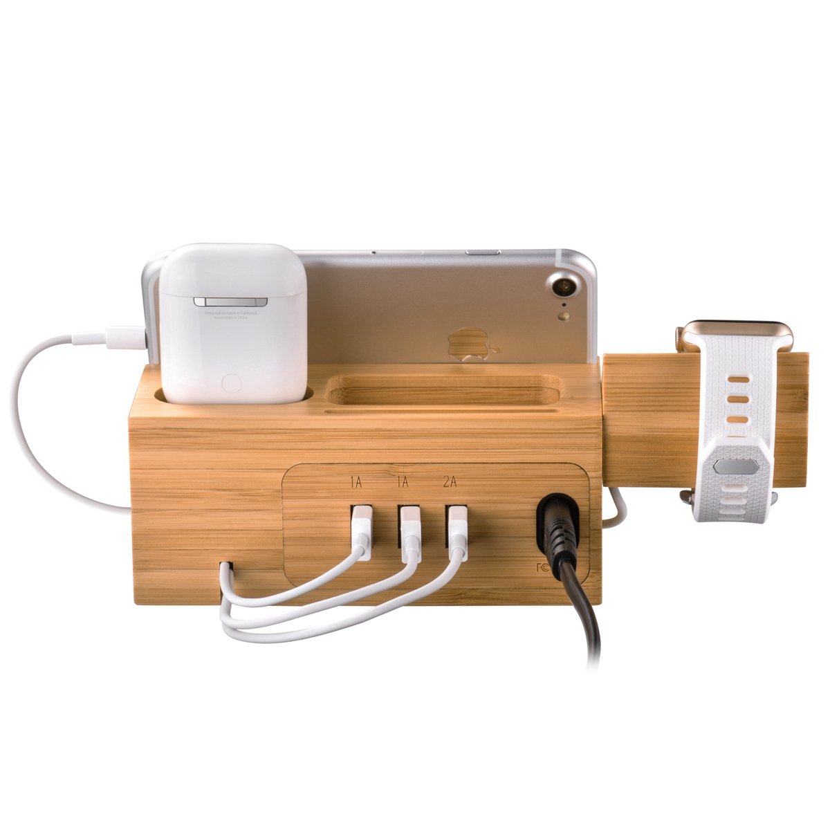 Premium Bamboo Wood Charging Station for Apple Watch, iPhone & AirPods - 3 USB Ports Fast Charger Stand | Perfect for Home, Office & Travel Organization