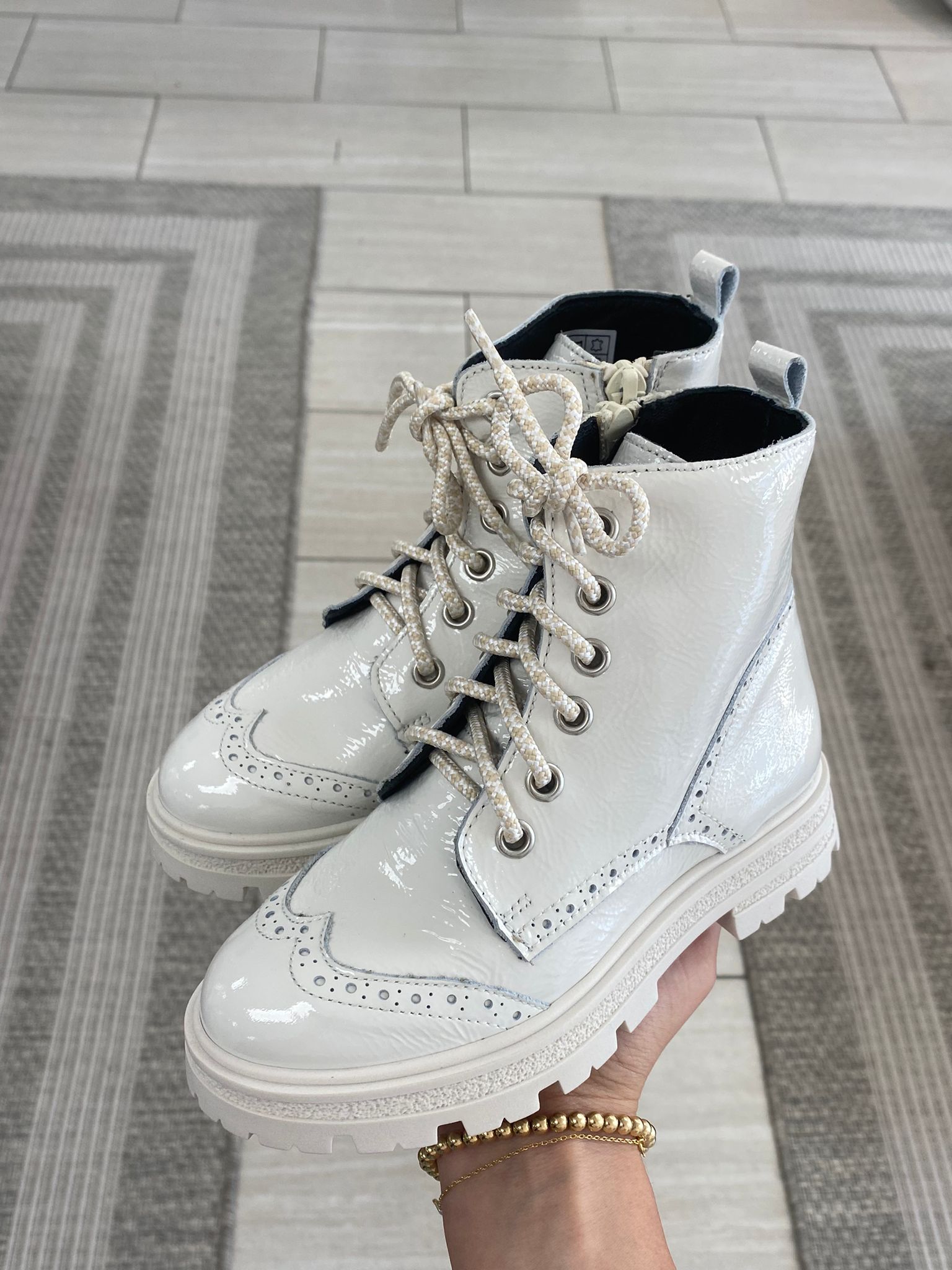 Blublonc Women's Winter White Patent Leather Wingtip Booties - Stylish Ankle Boots for Office, Party & Casual Outfits